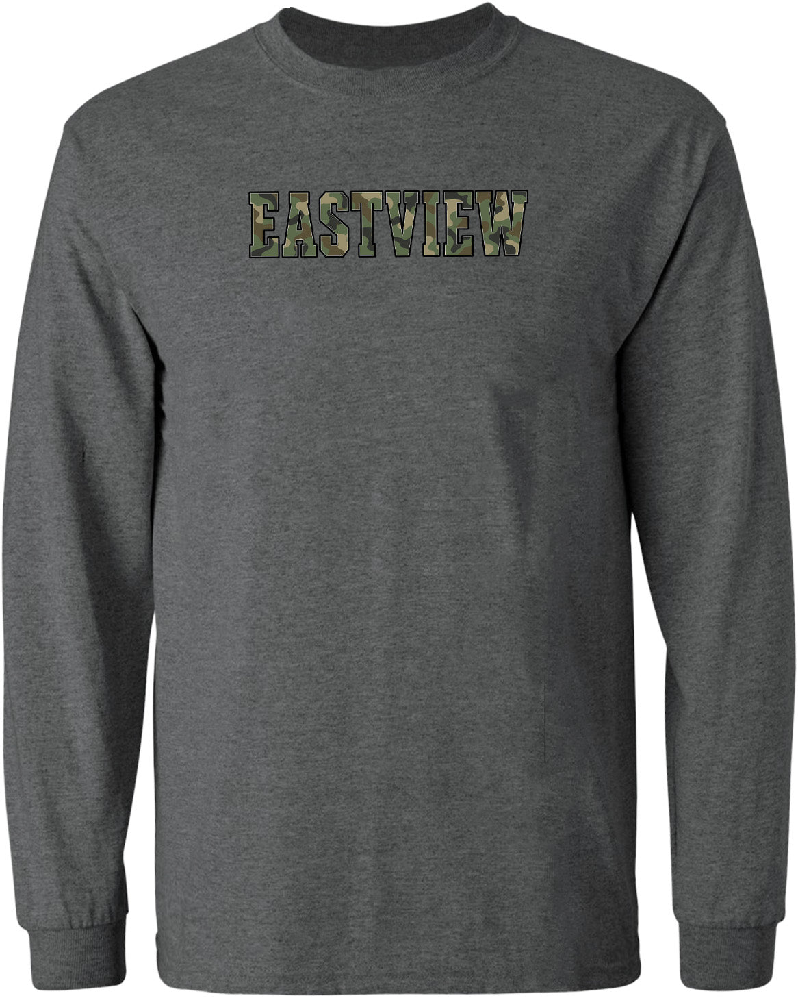 A gray long-sleeved t-shirt with the word "EASTVIEW" printed on it in a camouflage pattern.