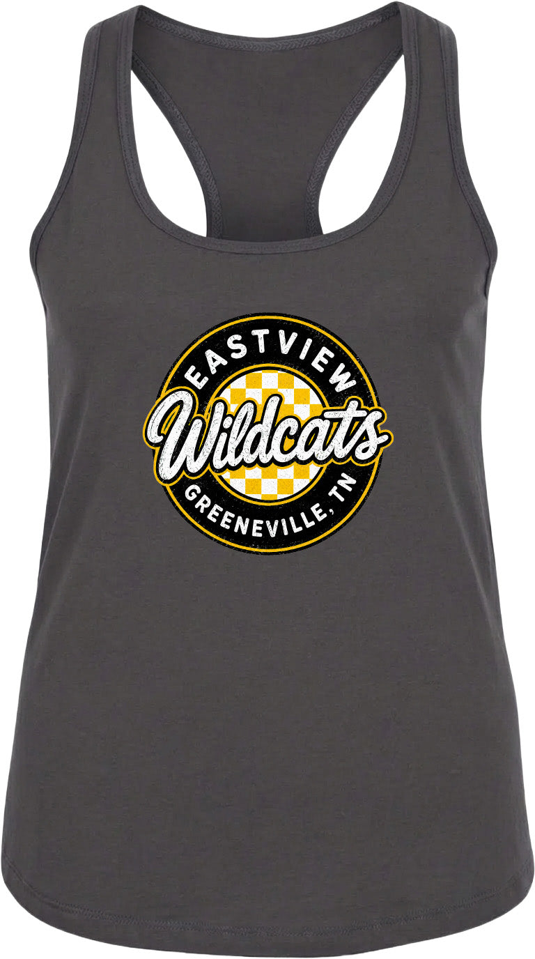 A gray tank top with a circular logo that says "EASTVIEW Wildcats Greeneville, TN".