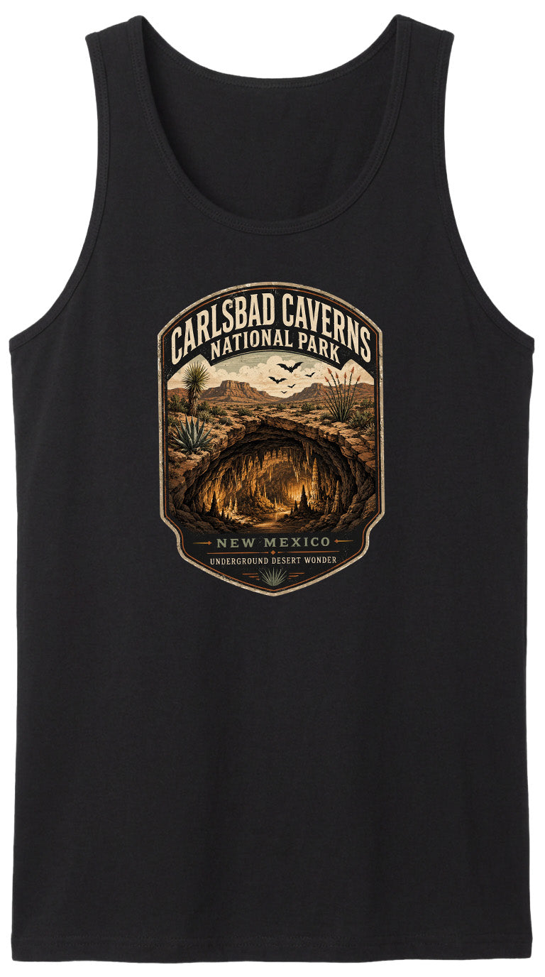 A black tank top with a graphic design depicting the Carlsbad Caves National Park in New Mexico, featuring a desert landscape with a cave system and desert vegetation.