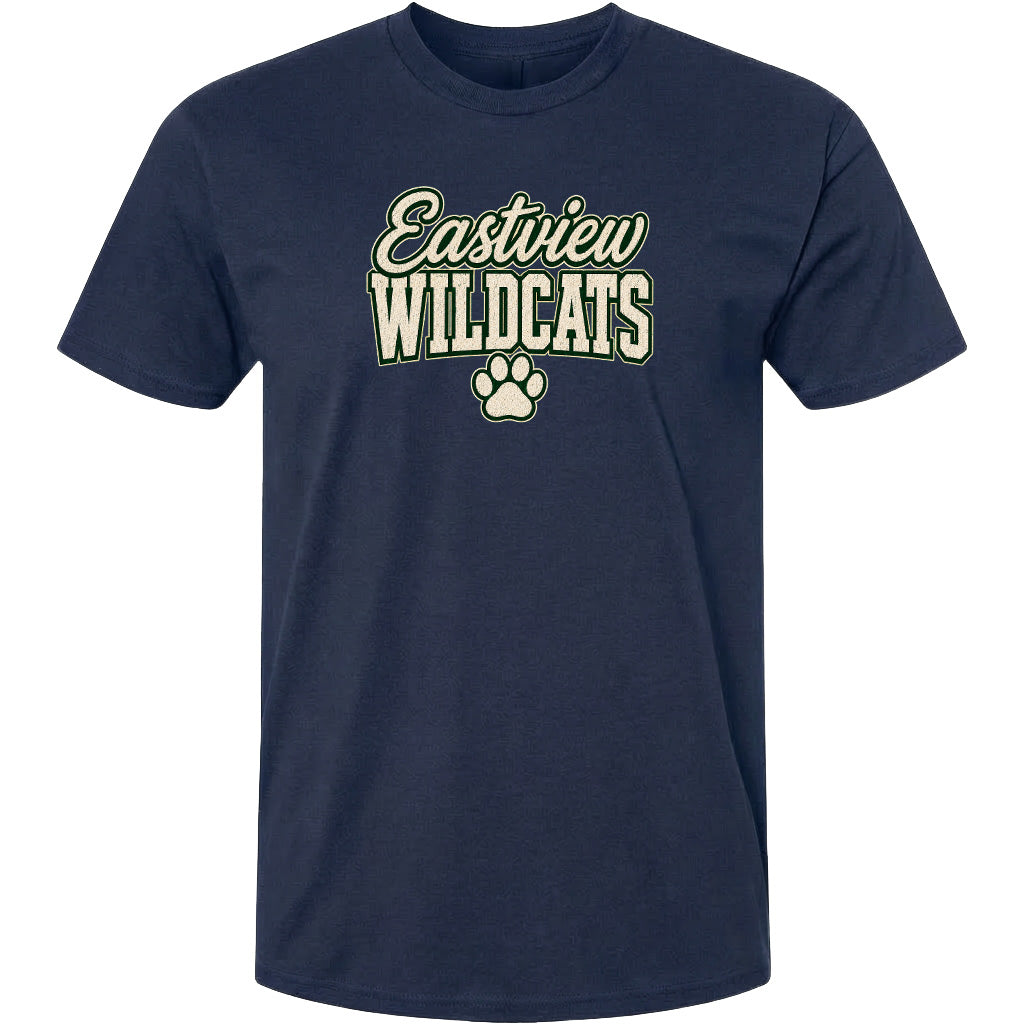 A navy blue t-shirt with the text "Eastview Wildcats" printed on it.