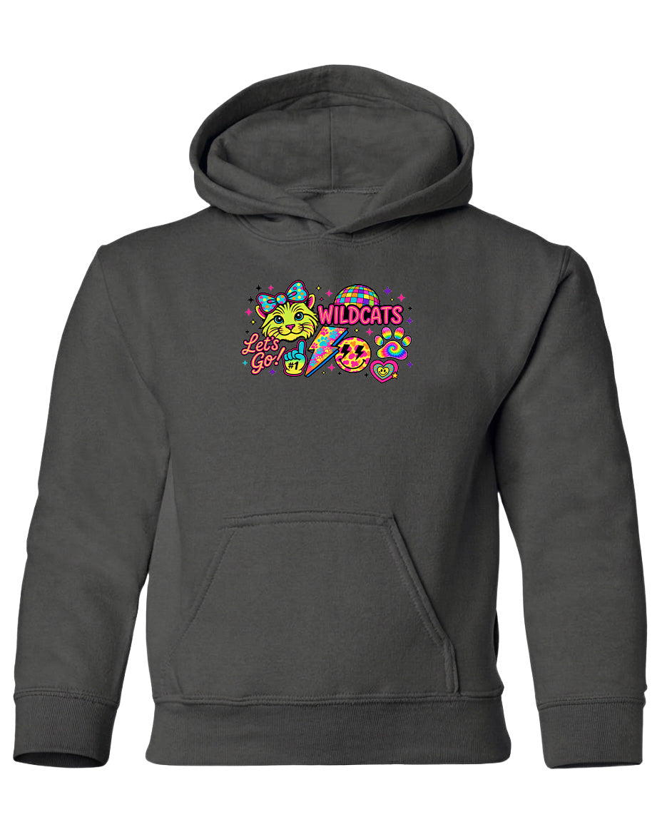 A gray hoodie with a colorful graphic design featuring a cat, a smiley face, and the text "WILDCATS" in a playful font.
