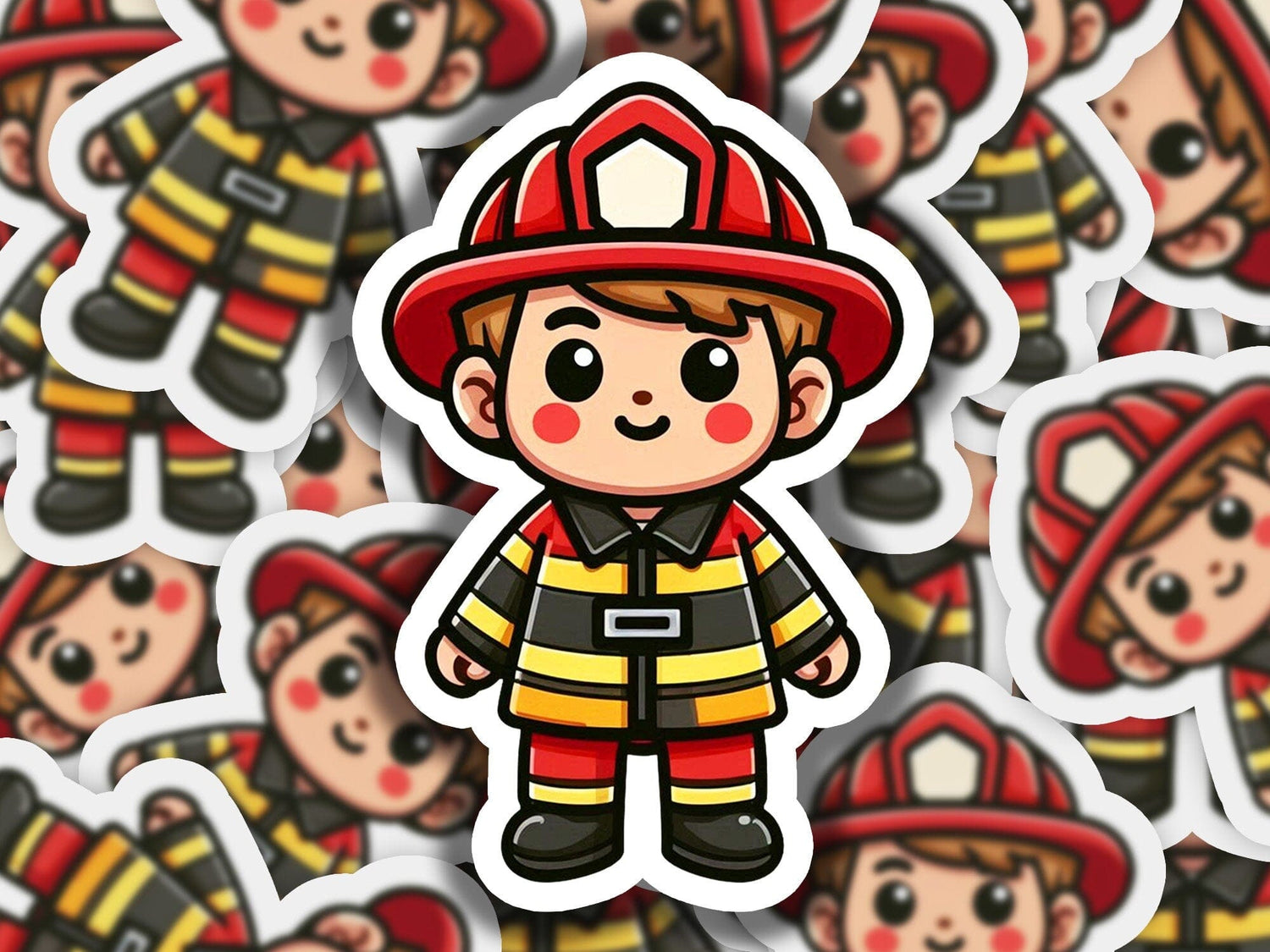 a sticker of a fireman surrounded by other stickers