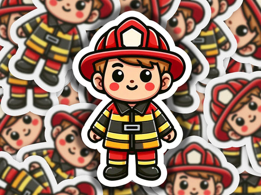 a sticker of a fireman surrounded by other stickers
