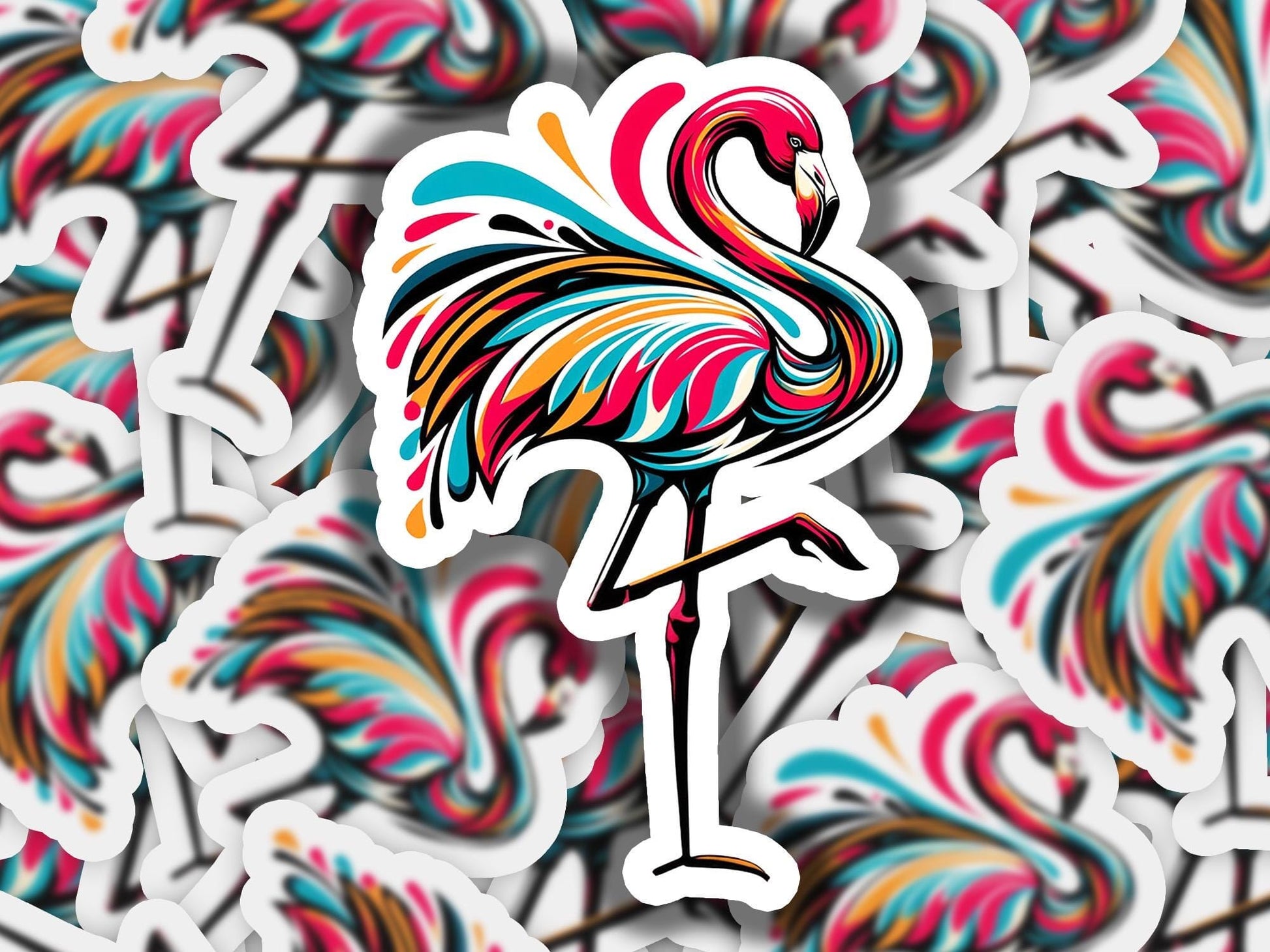 a colorful sticker of a flamingo