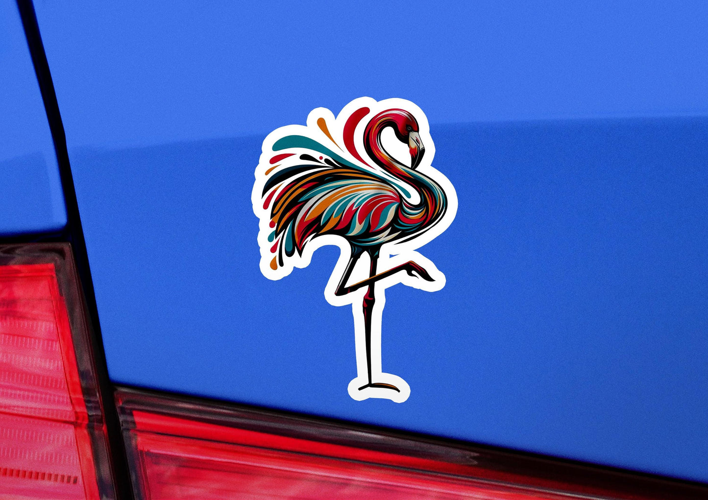 a sticker of a flamingo on the back of a car