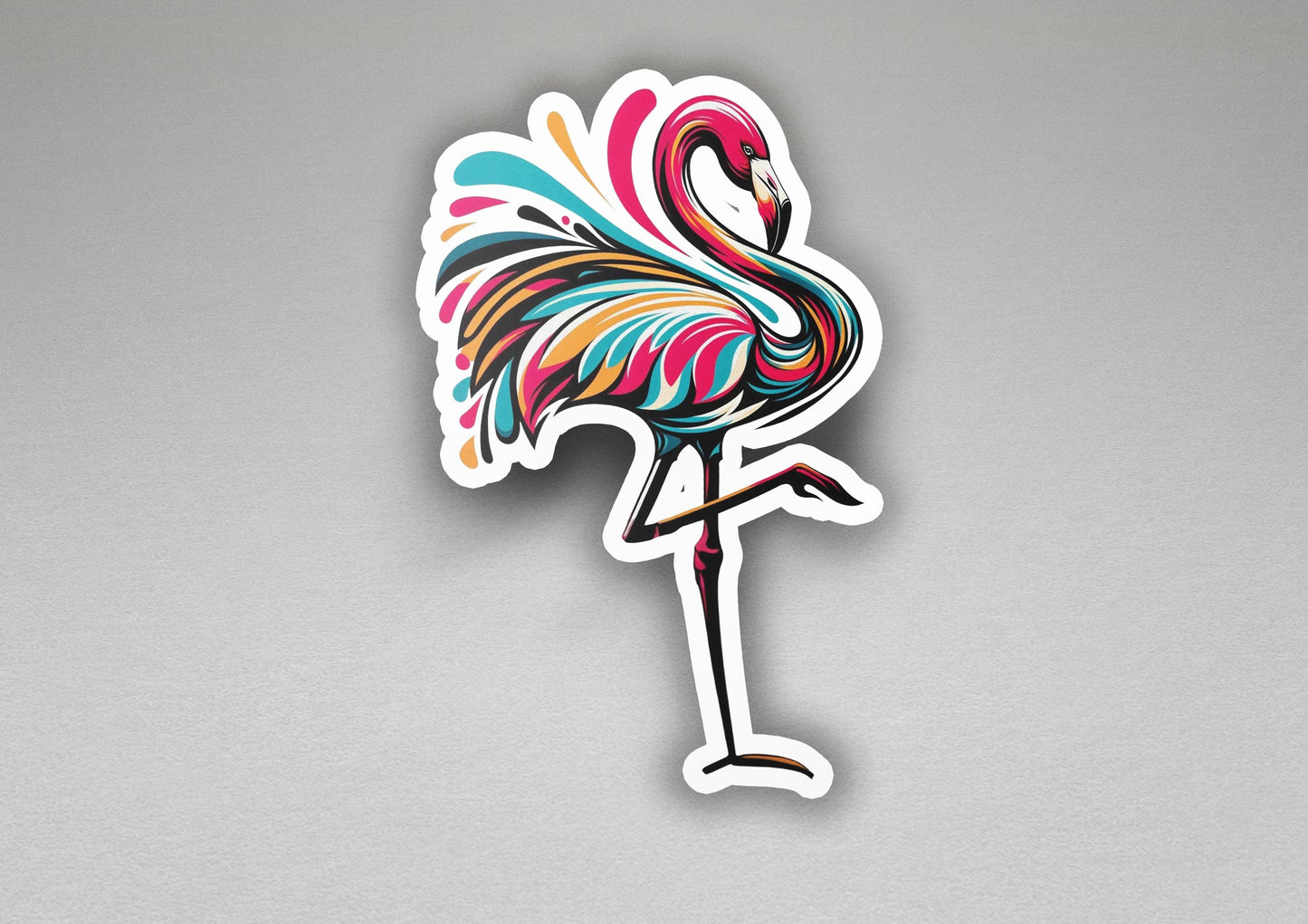 a colorful sticker of a flamingo