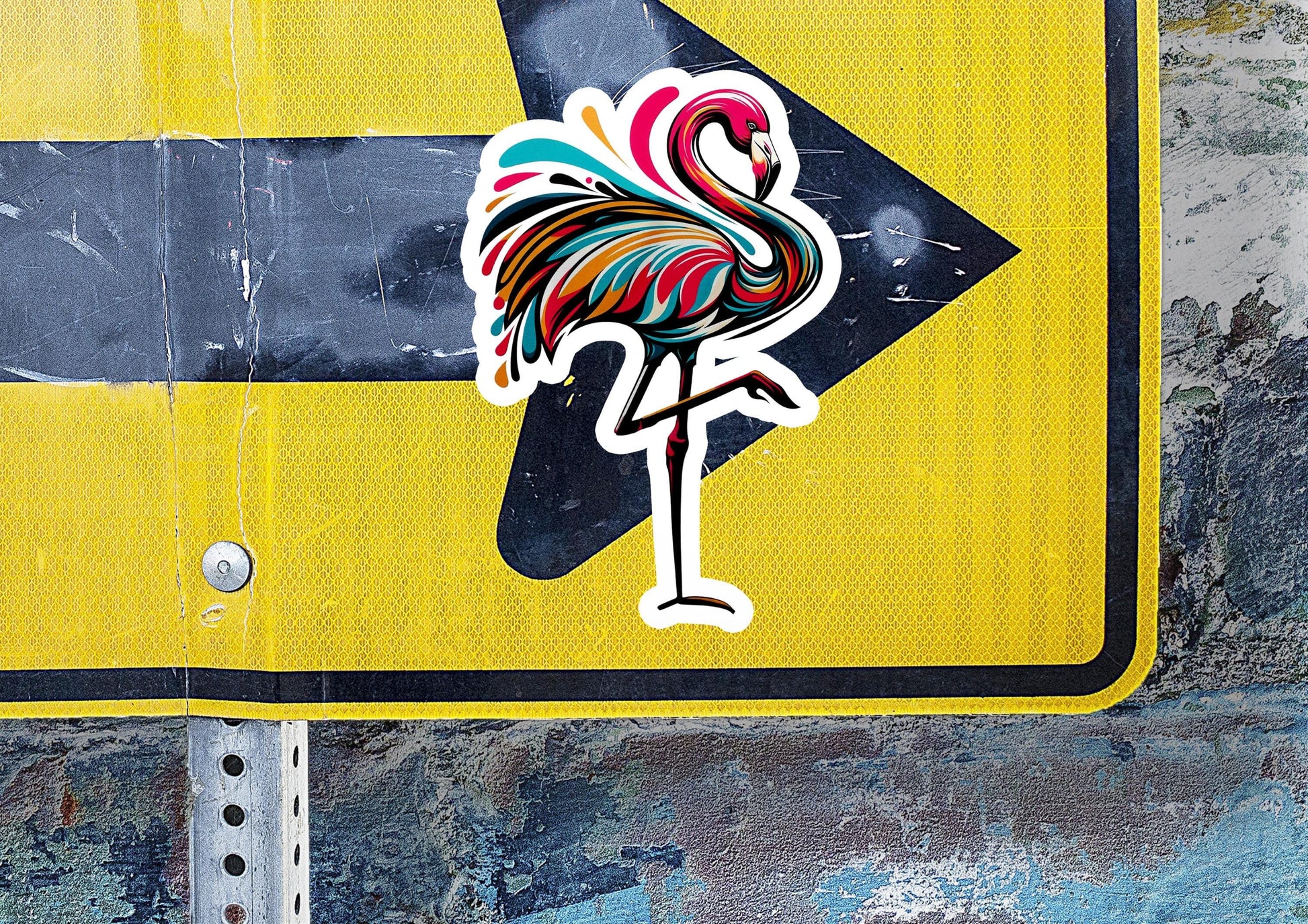 a yellow street sign with a rooster sticker on it