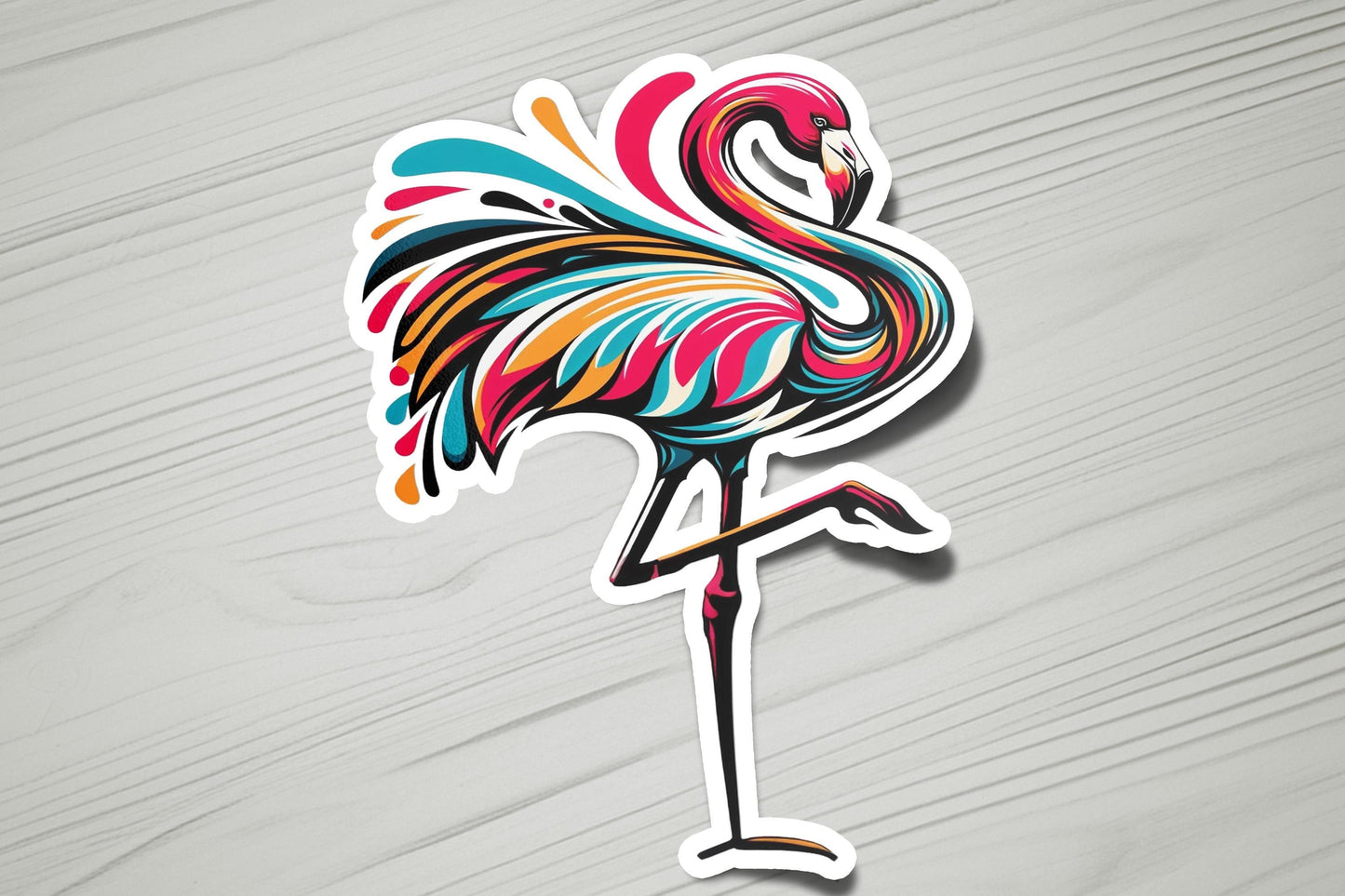 a colorful sticker of a flamingo