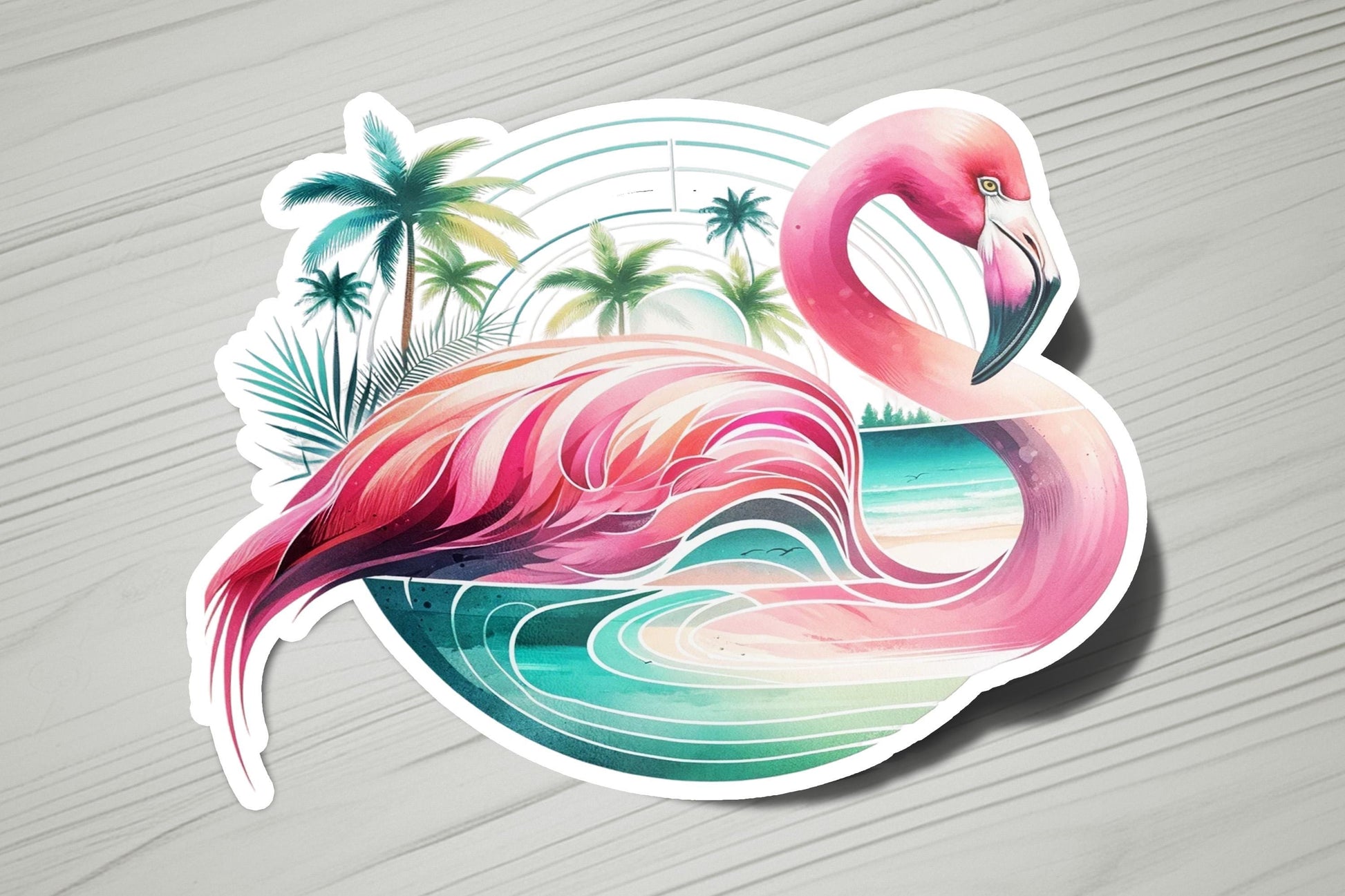a sticker of a pink flamingo on a beach