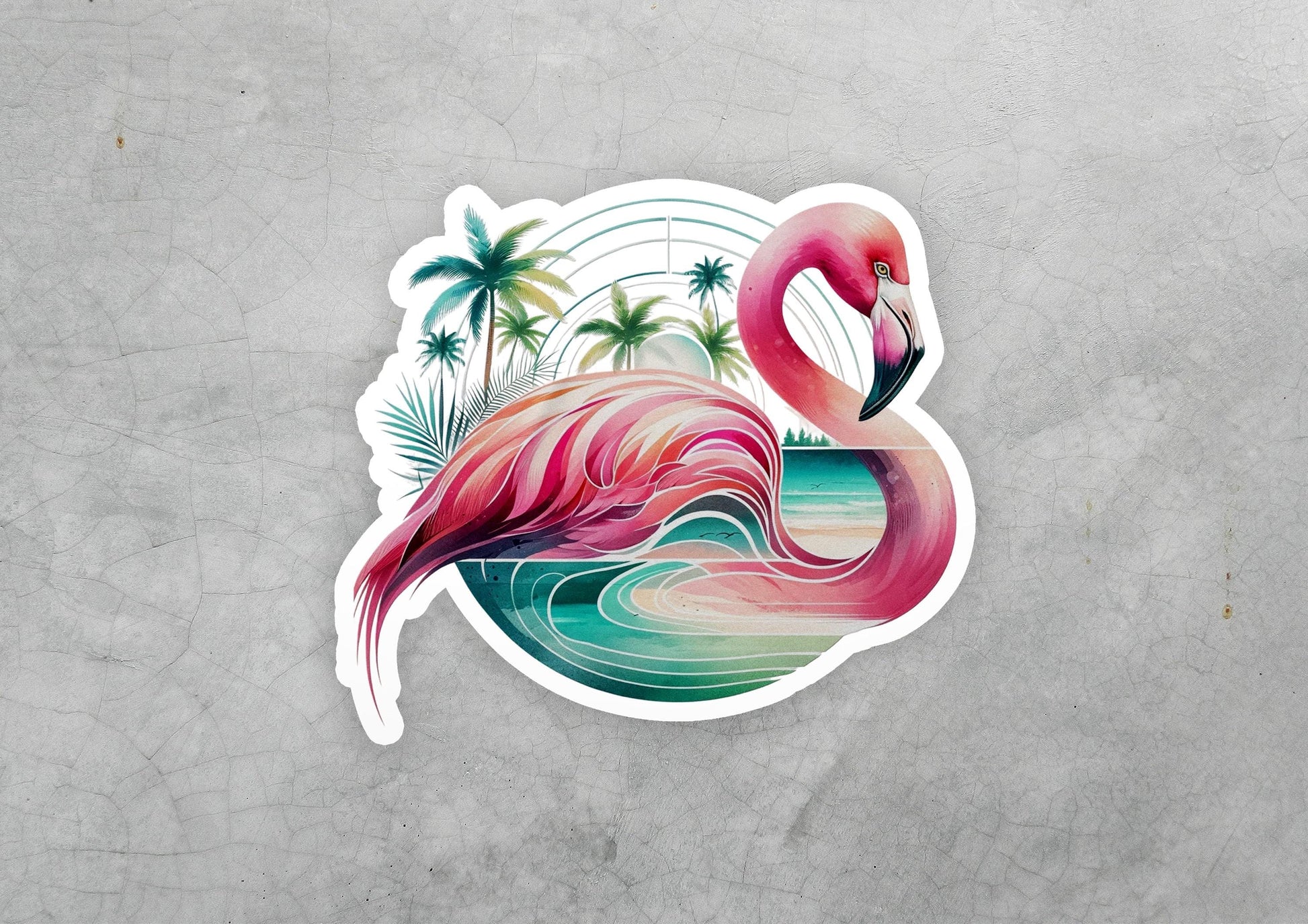 a sticker of a pink flamingo on a beach