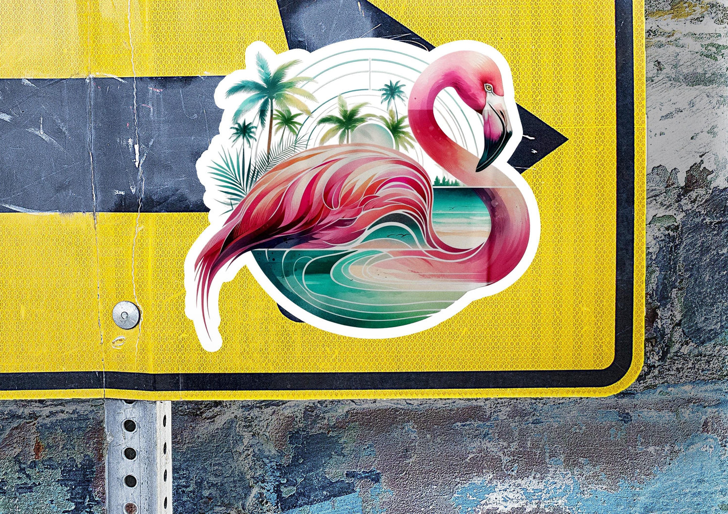 a sticker of a pink flamingo sitting on top of a yellow sign