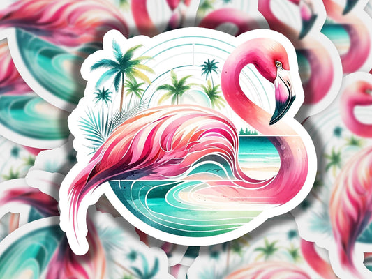 a sticker of a pink flamingo with palm trees in the background