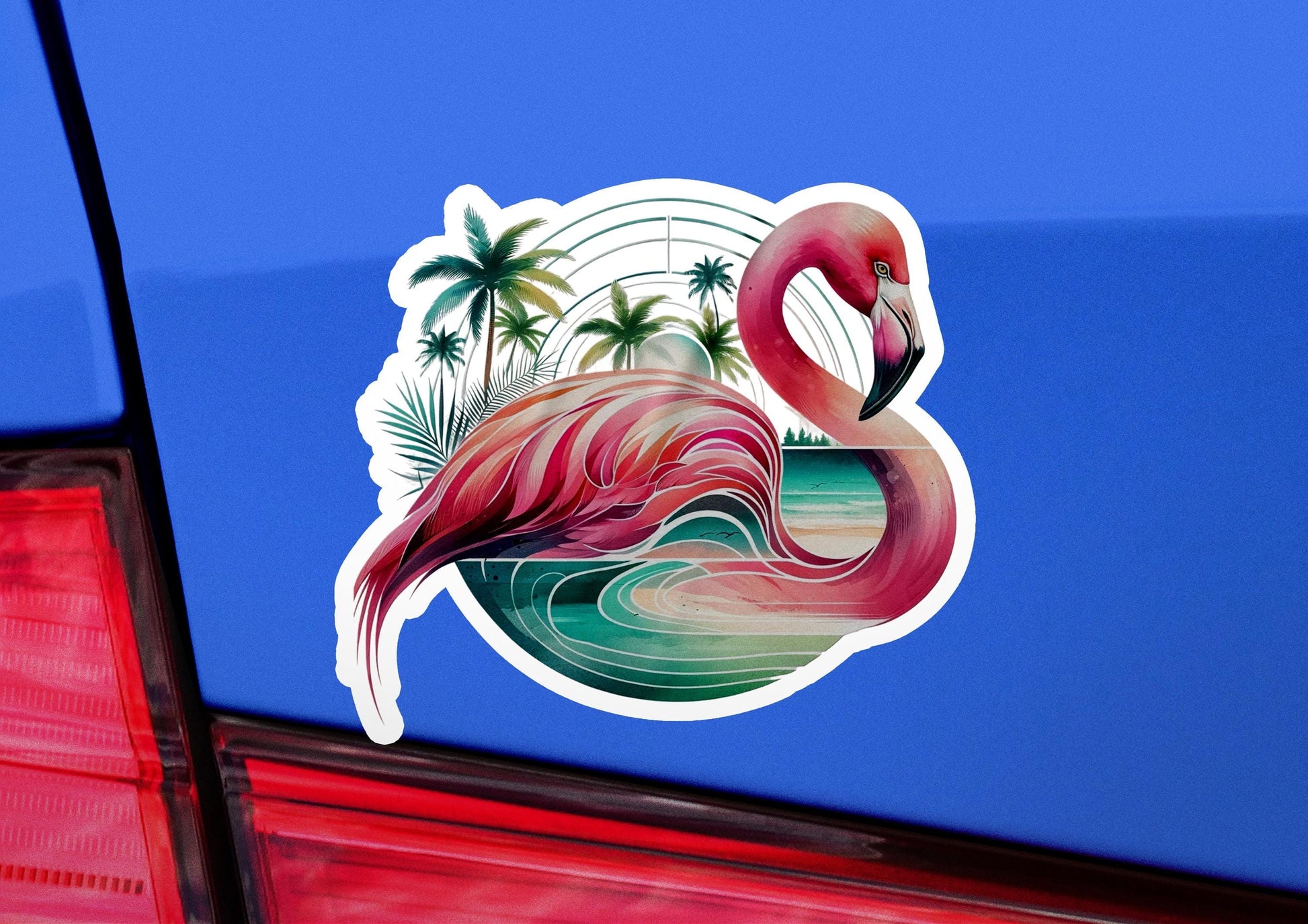 a pink flamingo sticker on the back of a car