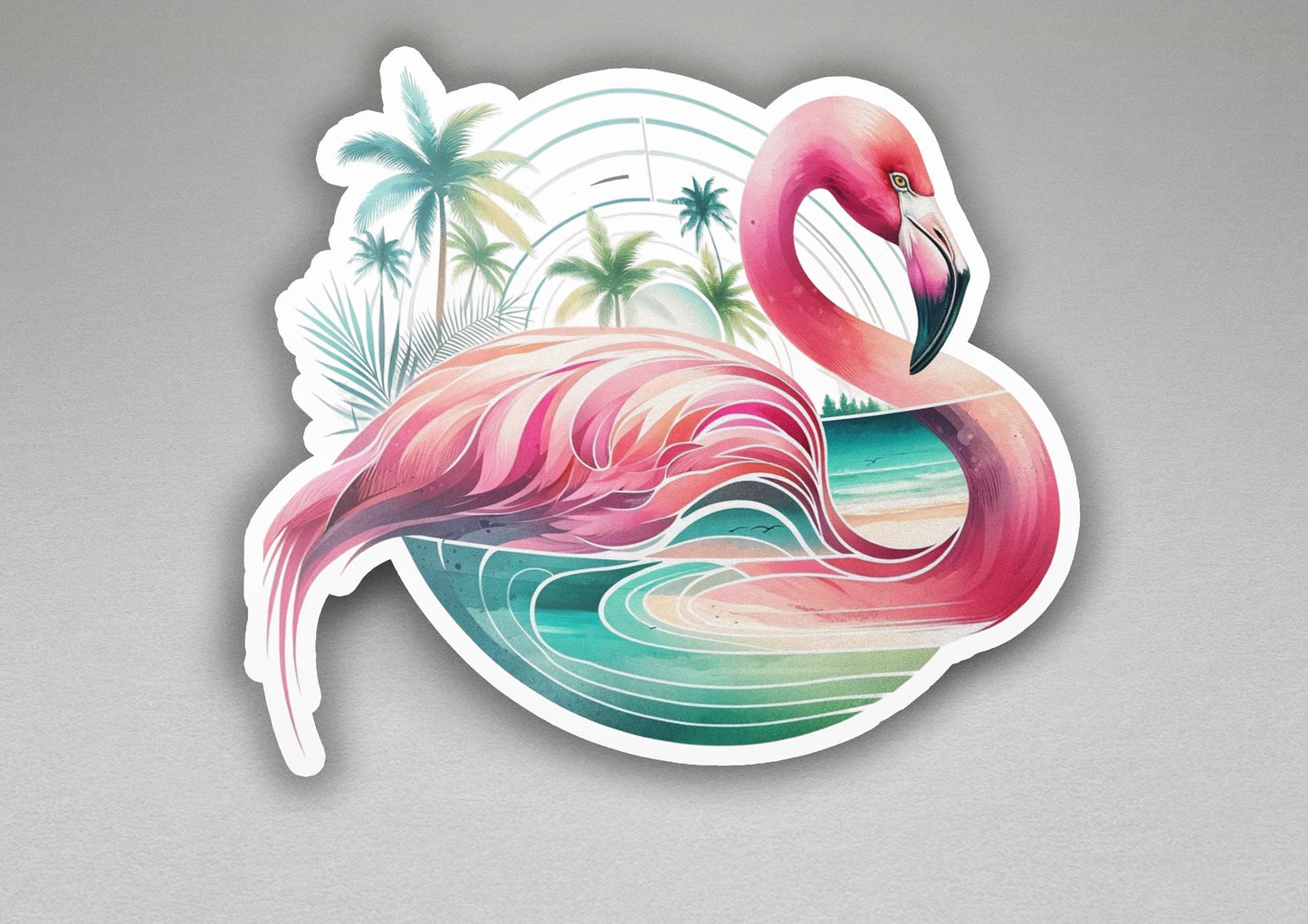 a sticker of a pink flamingo on a beach