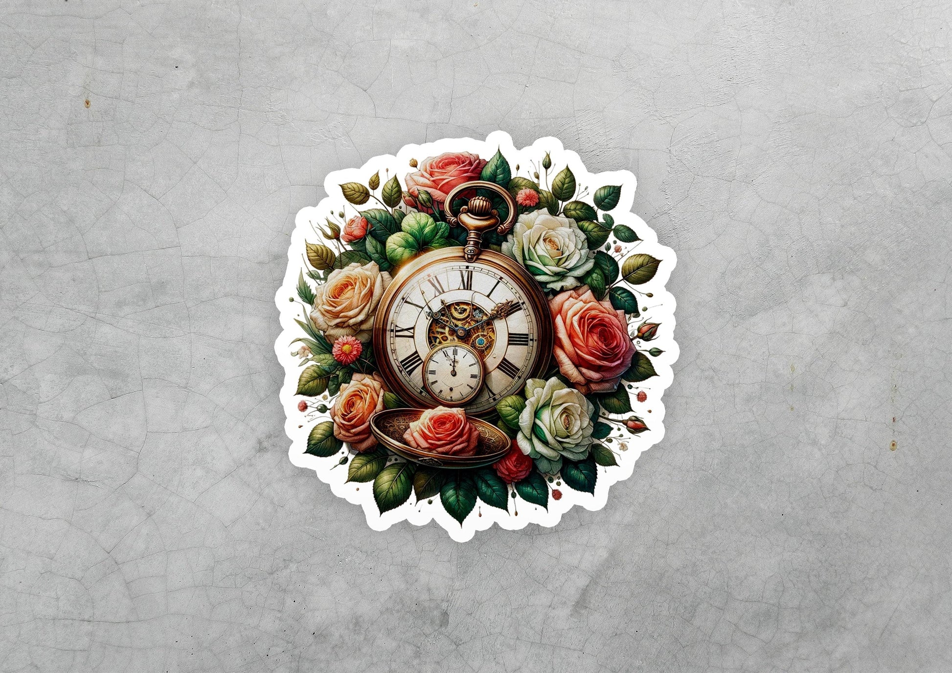 a sticker of a clock with roses on it