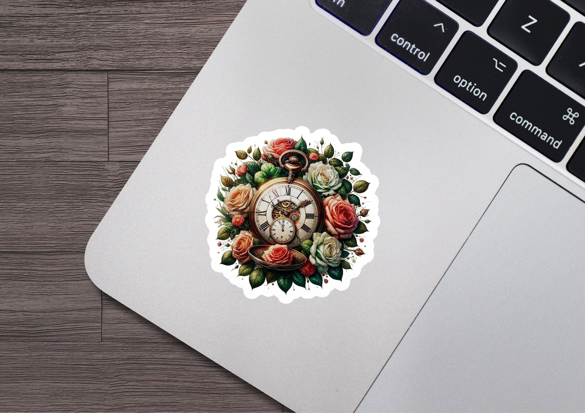 a sticker of a clock surrounded by flowers