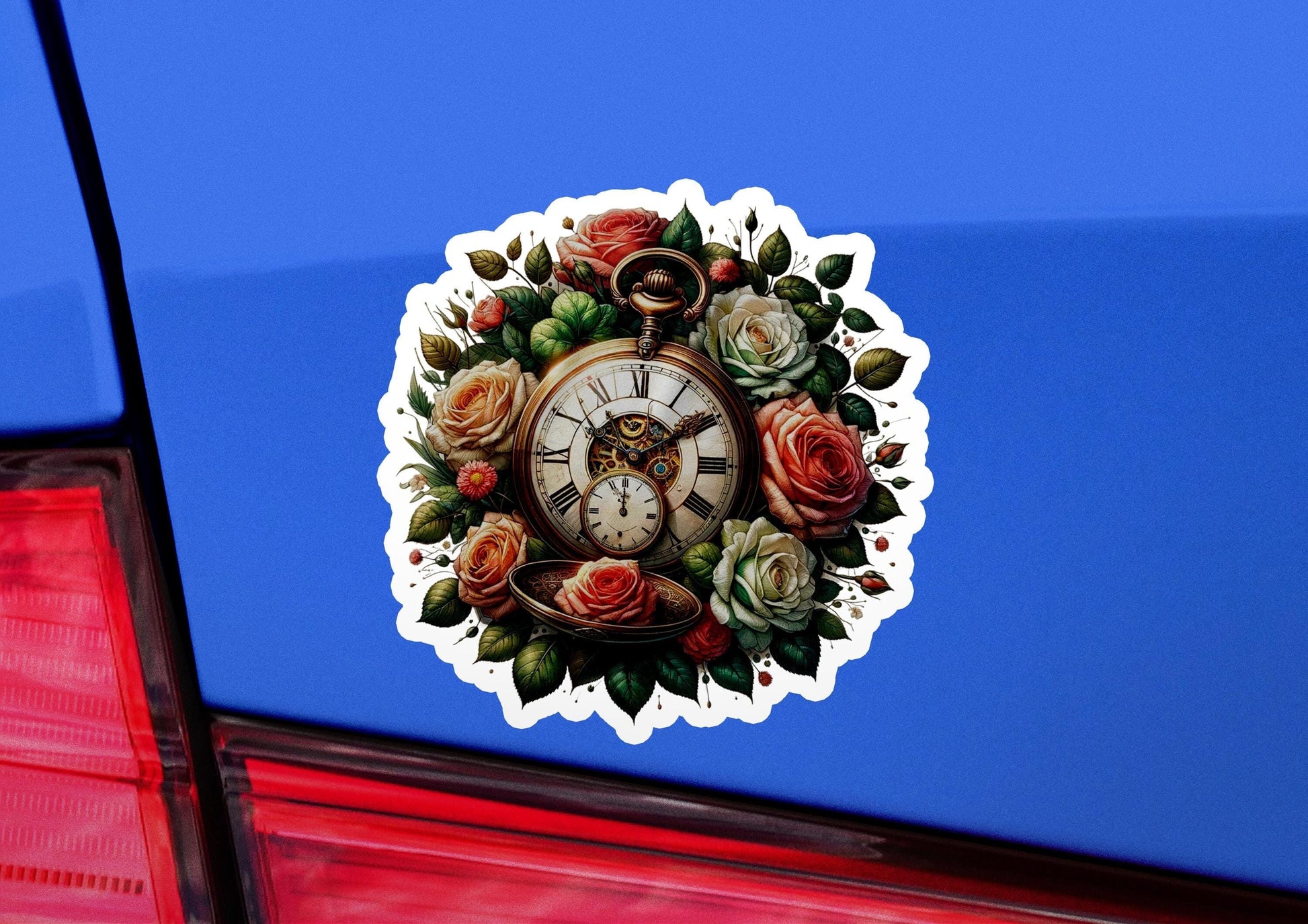 a sticker of a clock with roses on it