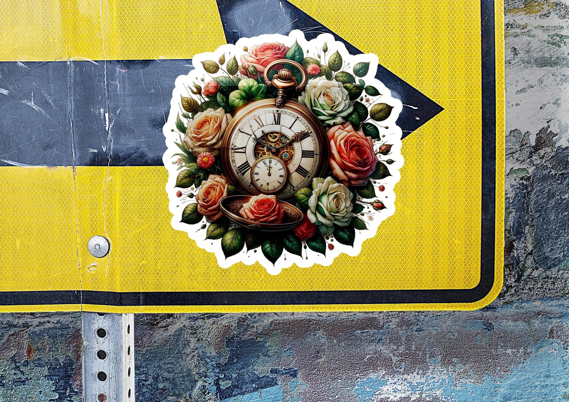 a sticker of a clock with roses on it