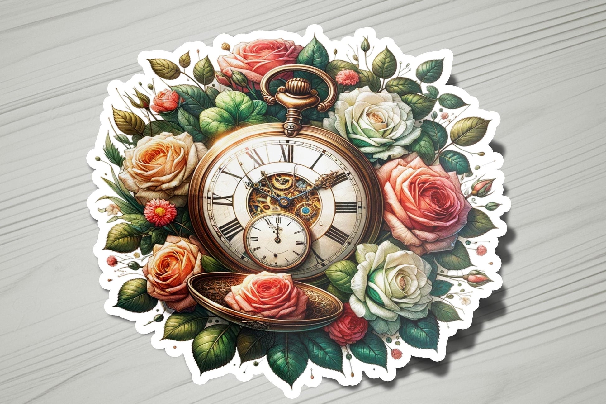 a sticker with a clock surrounded by roses