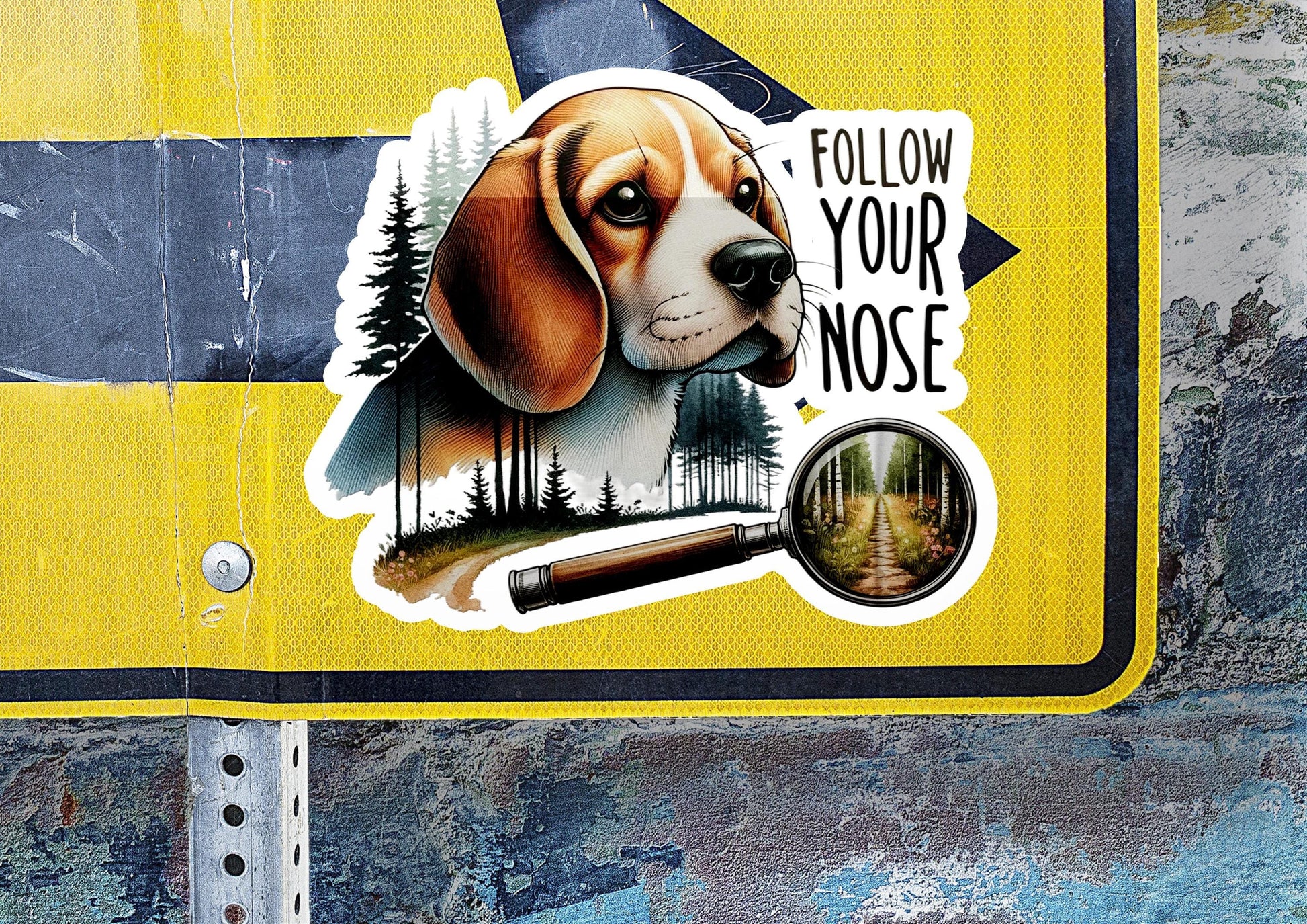 a sticker of a dog with a magnifying glass