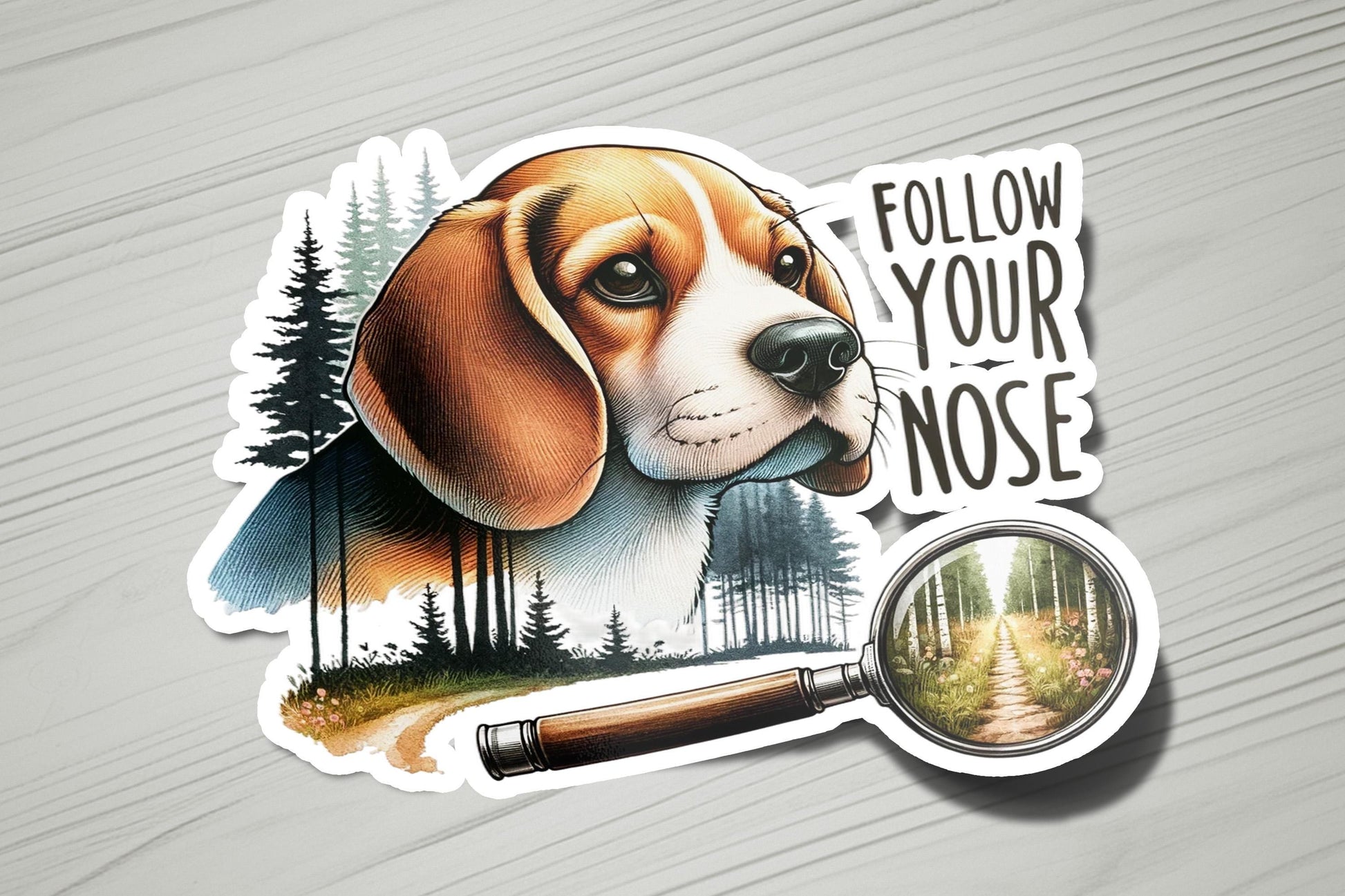 a sticker of a dog with a magnifying glass