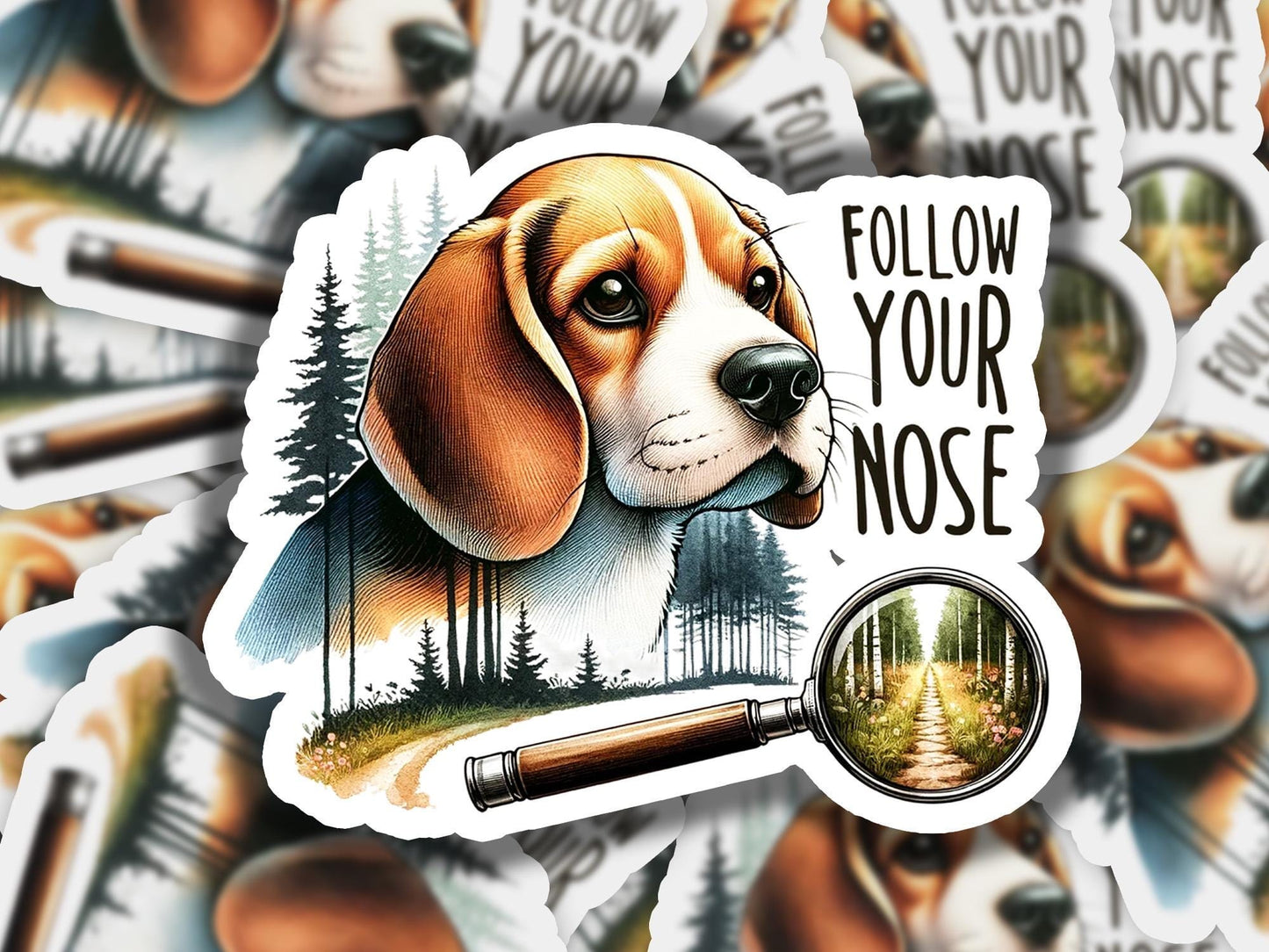 a sticker of a dog with a magnifying glass