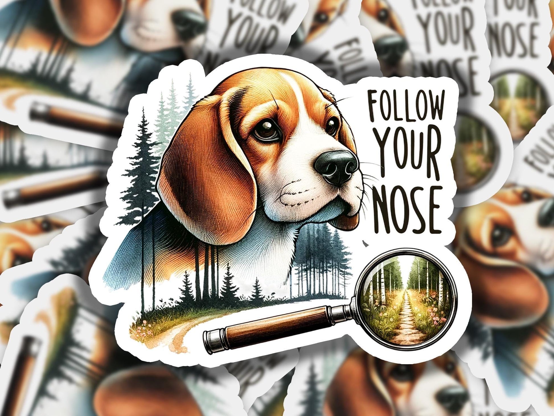 a sticker of a dog with a magnifying glass