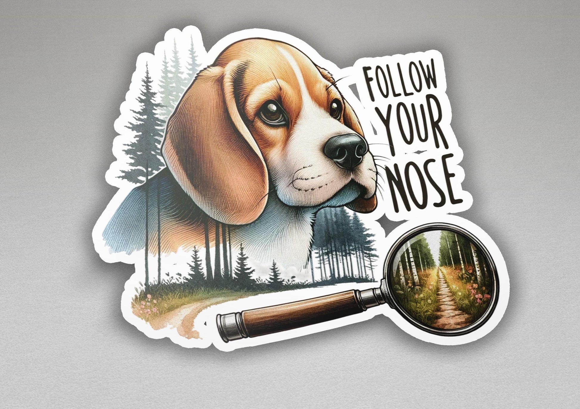 a sticker of a dog with a magnifying glass