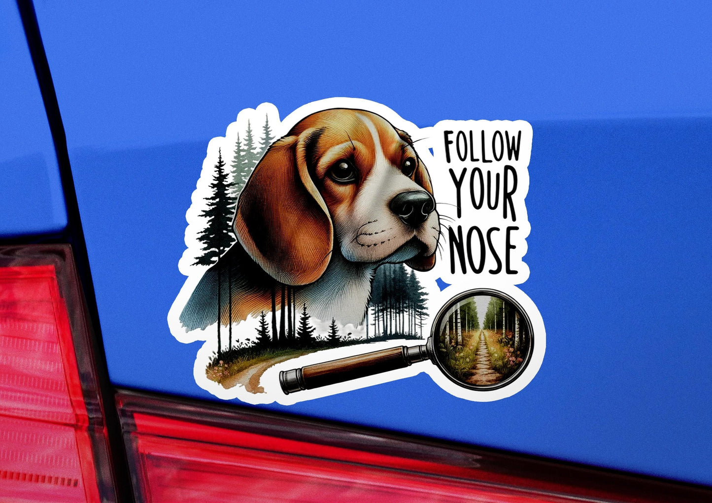 a sticker of a dog with the words follow your nose