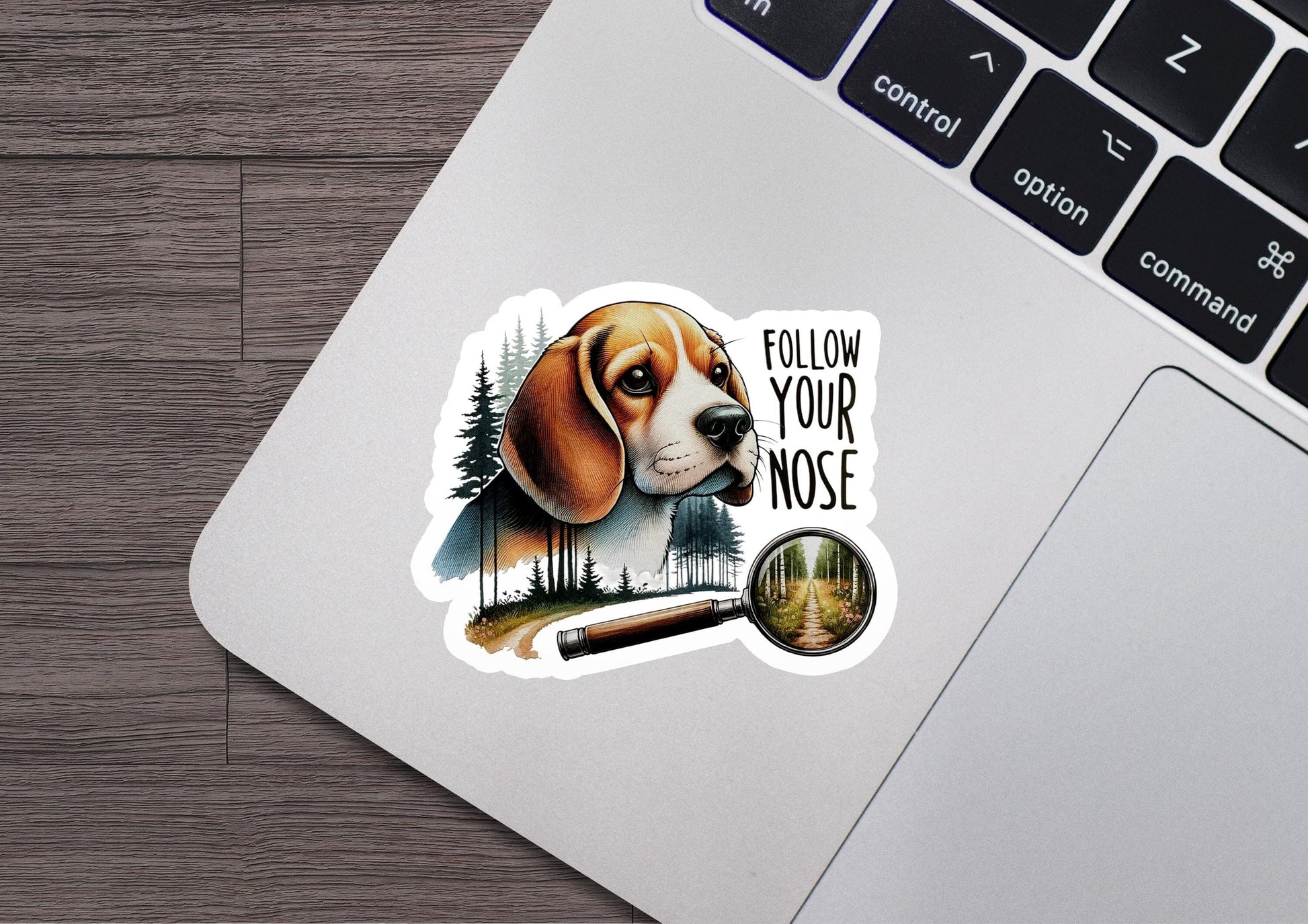 a sticker of a dog with a forest scene on it