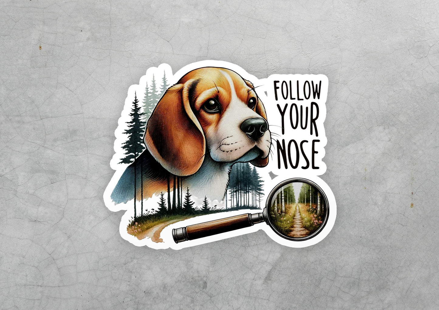 a sticker of a dog with a magnifying glass