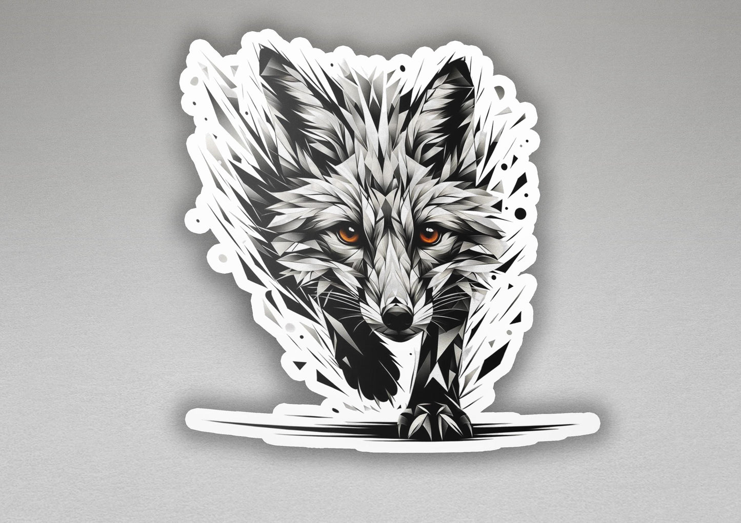 a sticker of a wolf with orange eyes