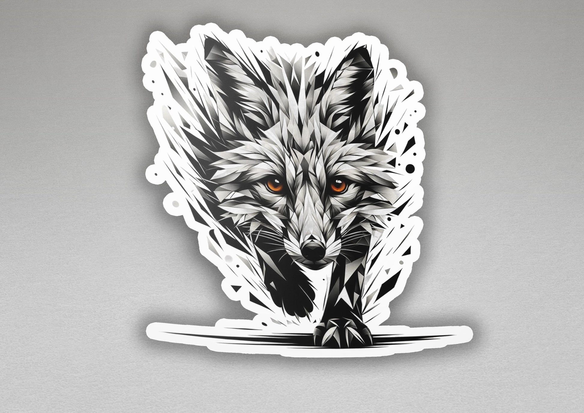 a sticker of a wolf with orange eyes