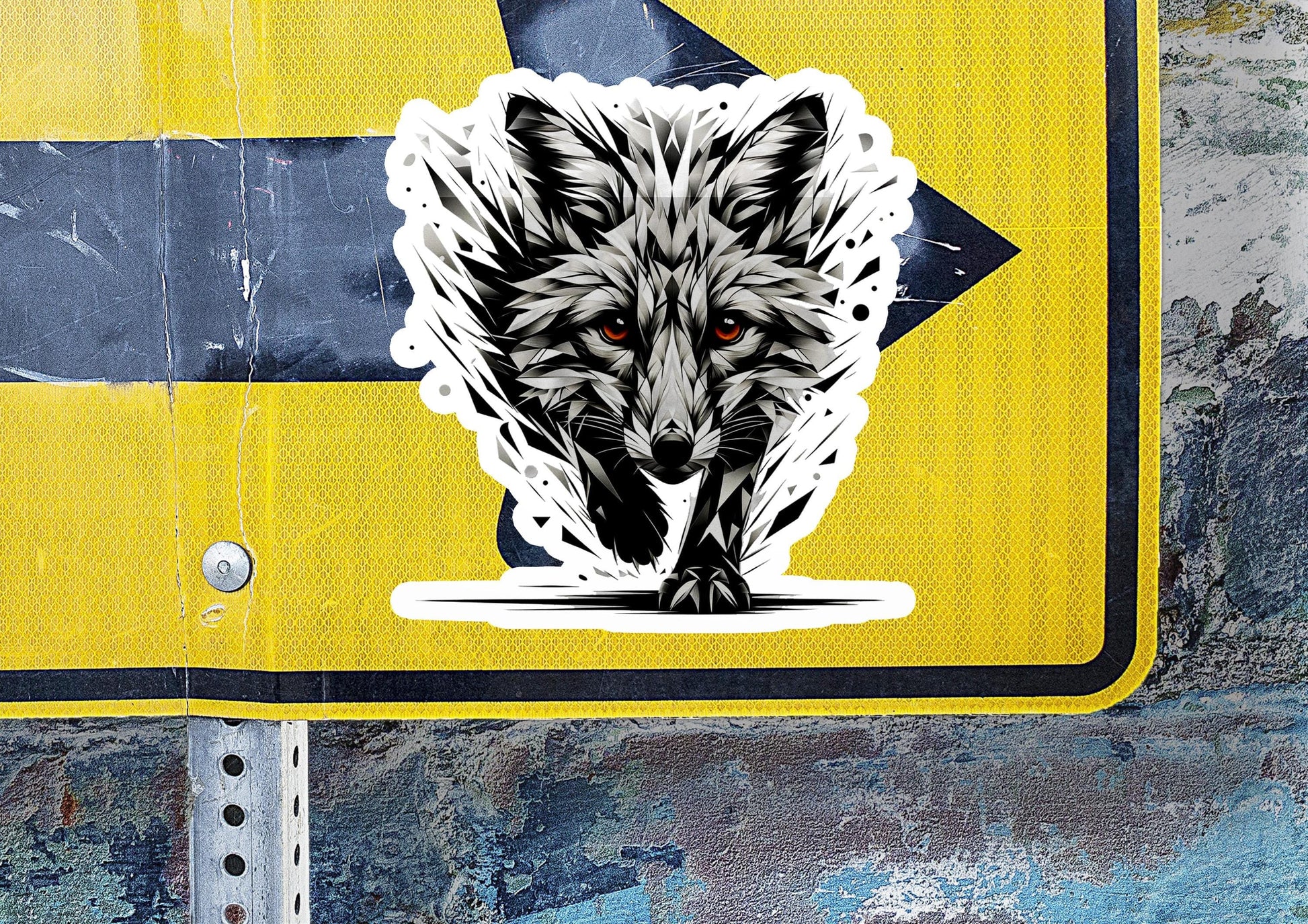 a close up of a street sign with a picture of a wolf