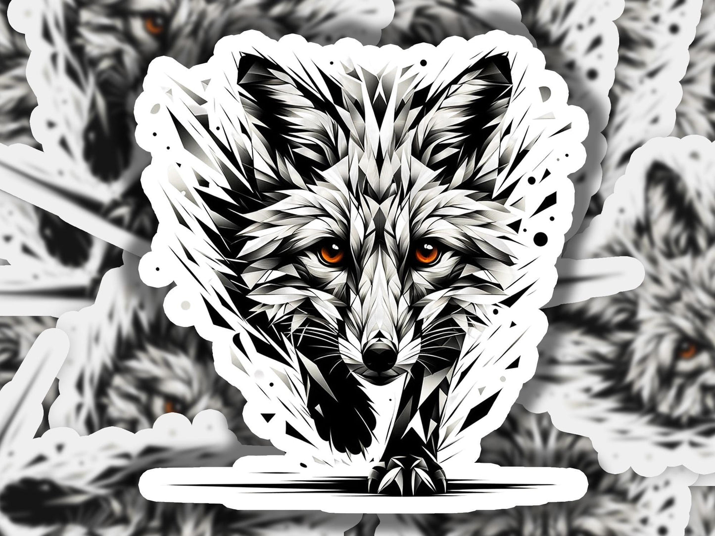 a picture of a wolf with orange eyes