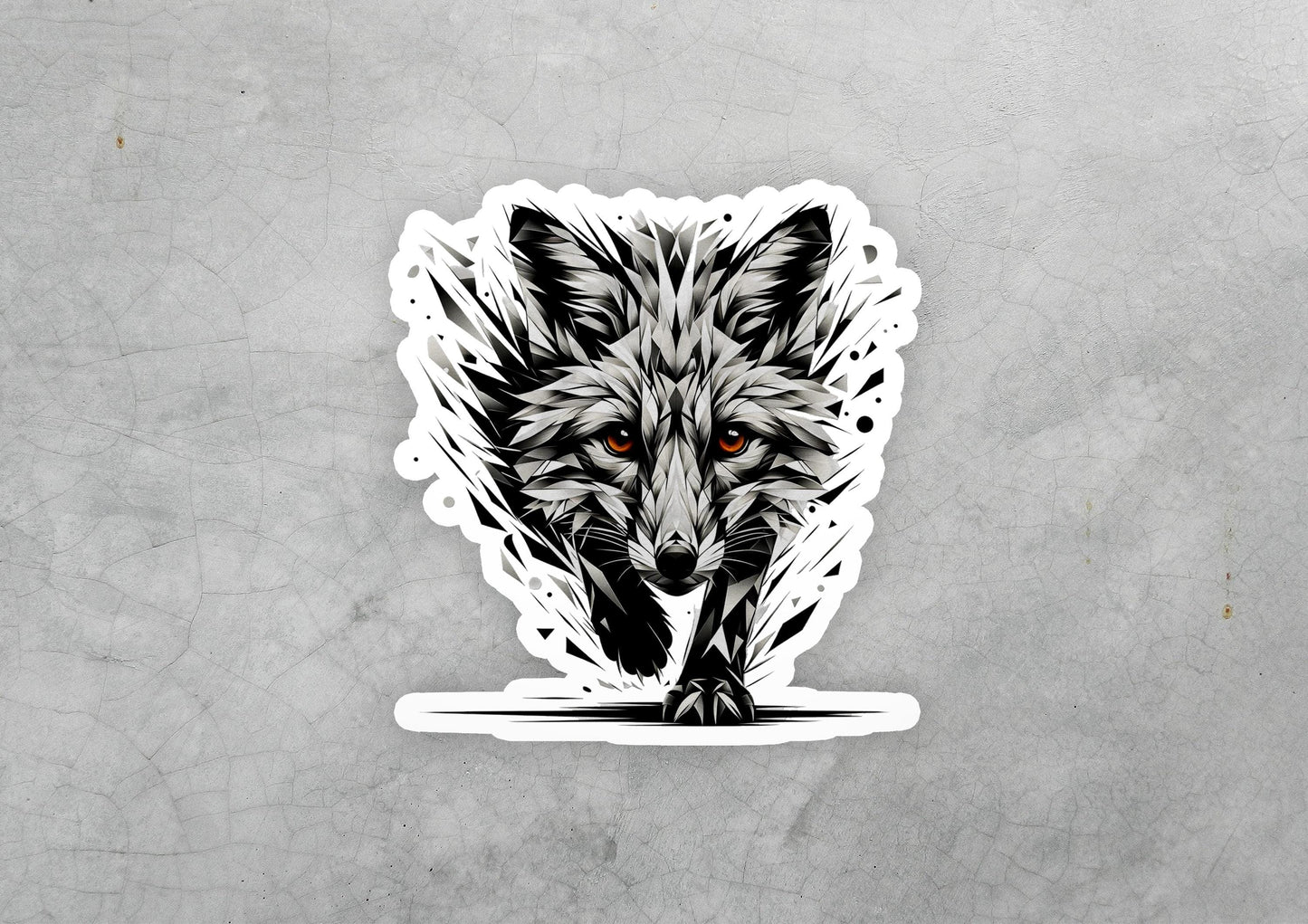 a sticker of a wolf with orange eyes