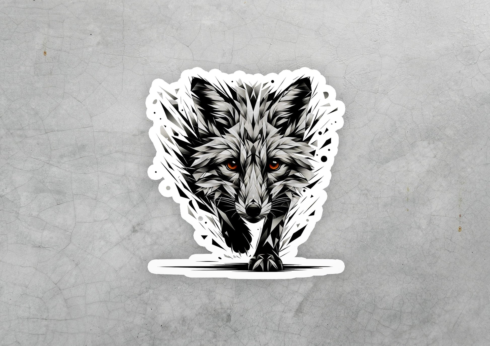 a sticker of a wolf with orange eyes