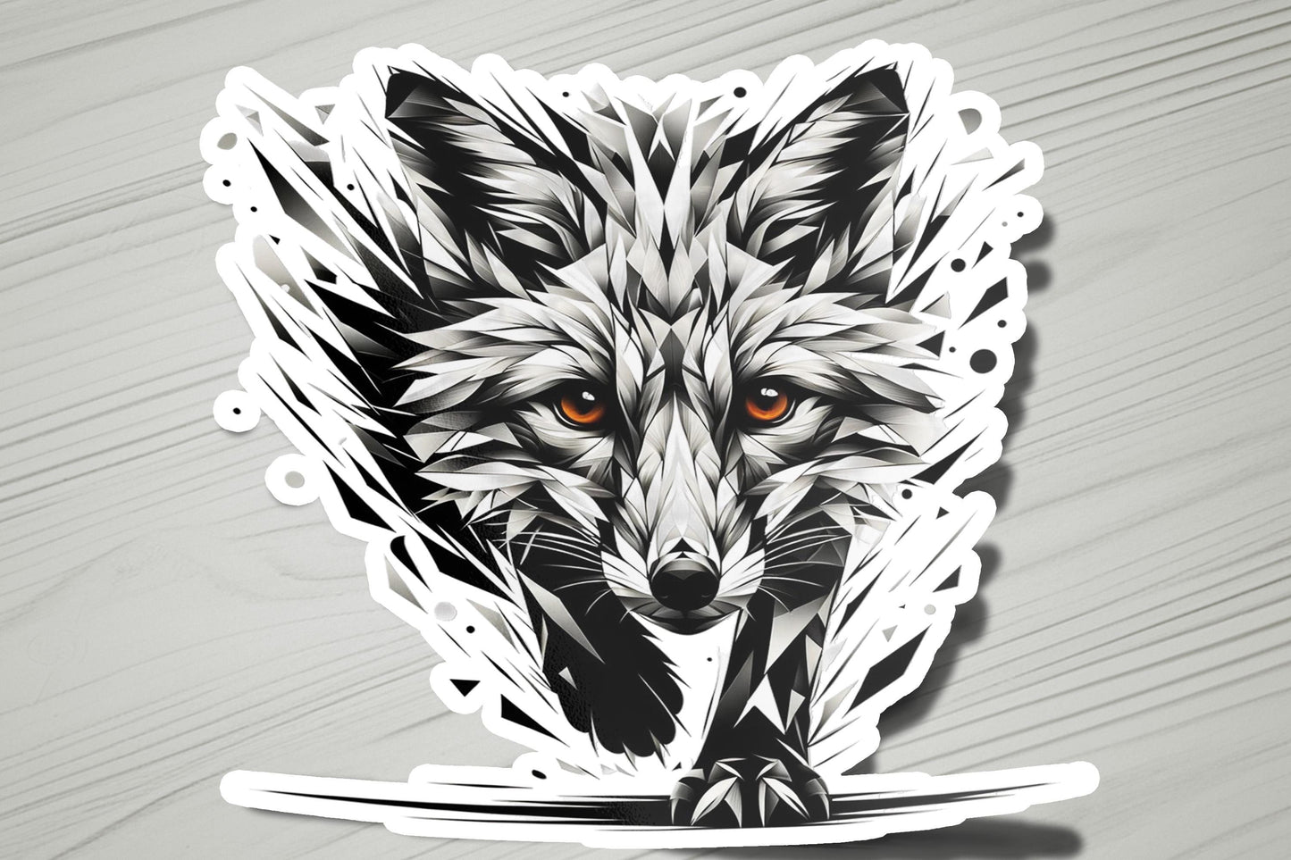 a sticker of a wolf with orange eyes
