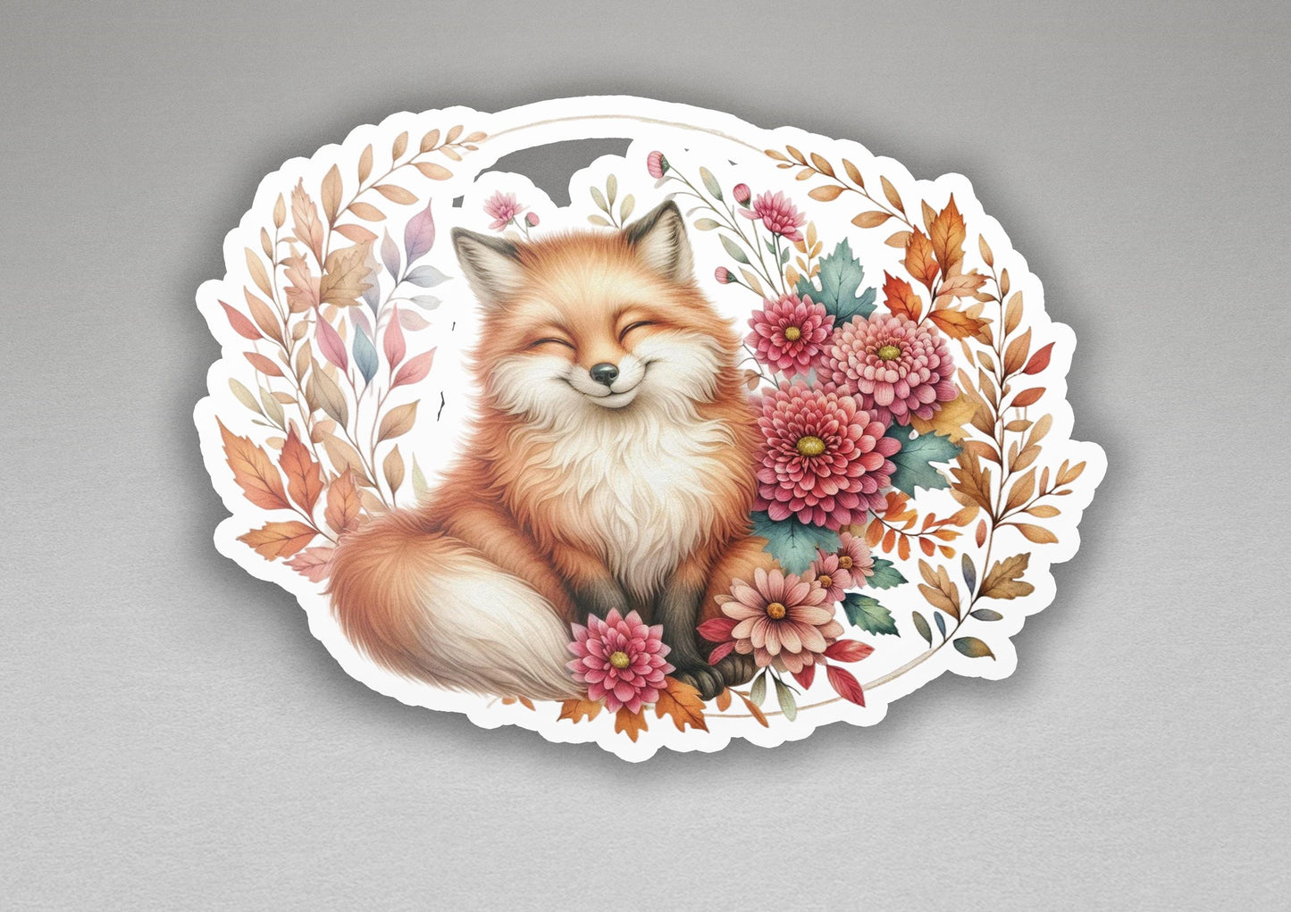 a sticker of a fox surrounded by flowers