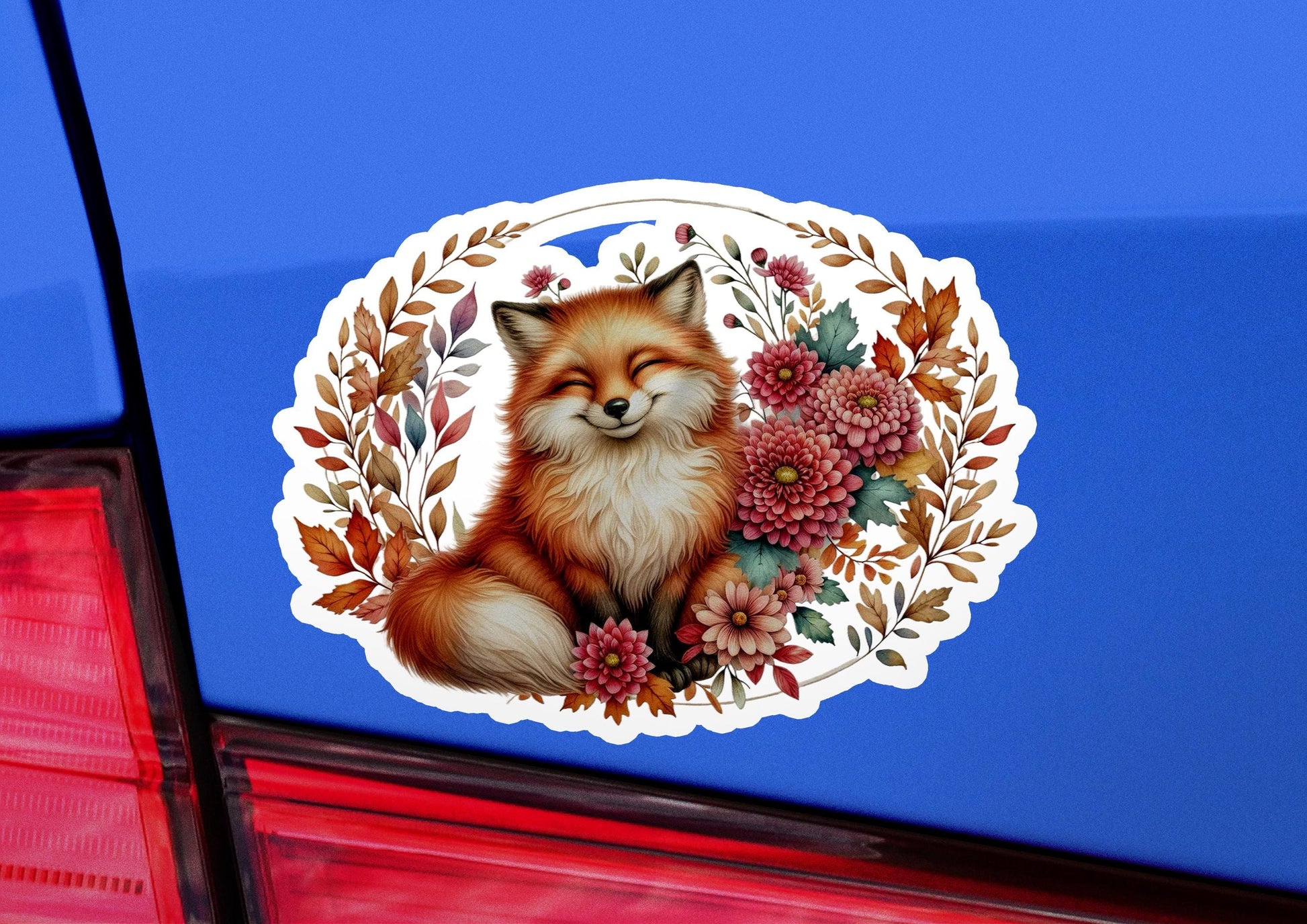 a sticker of a fox with flowers on it