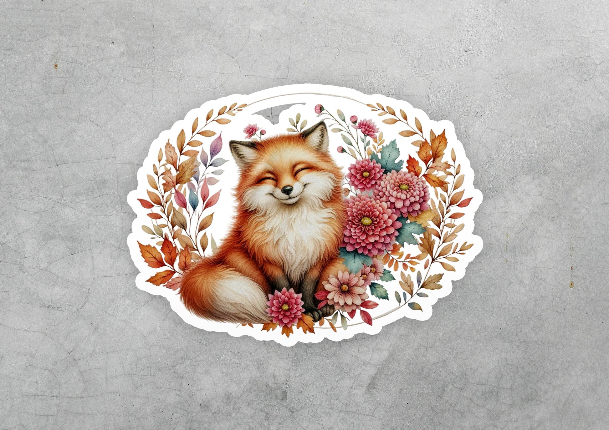a sticker of a fox surrounded by flowers