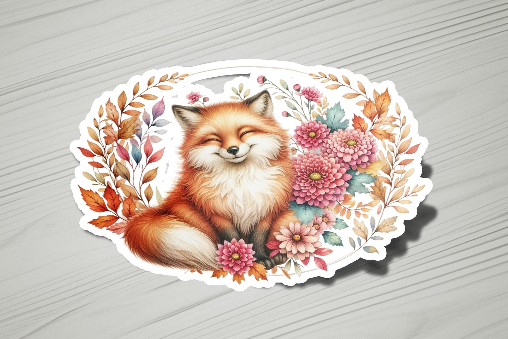 a sticker with a picture of a fox surrounded by flowers