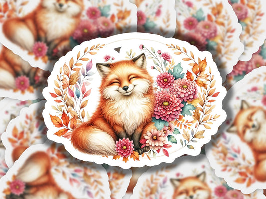 a picture of a fox surrounded by flowers