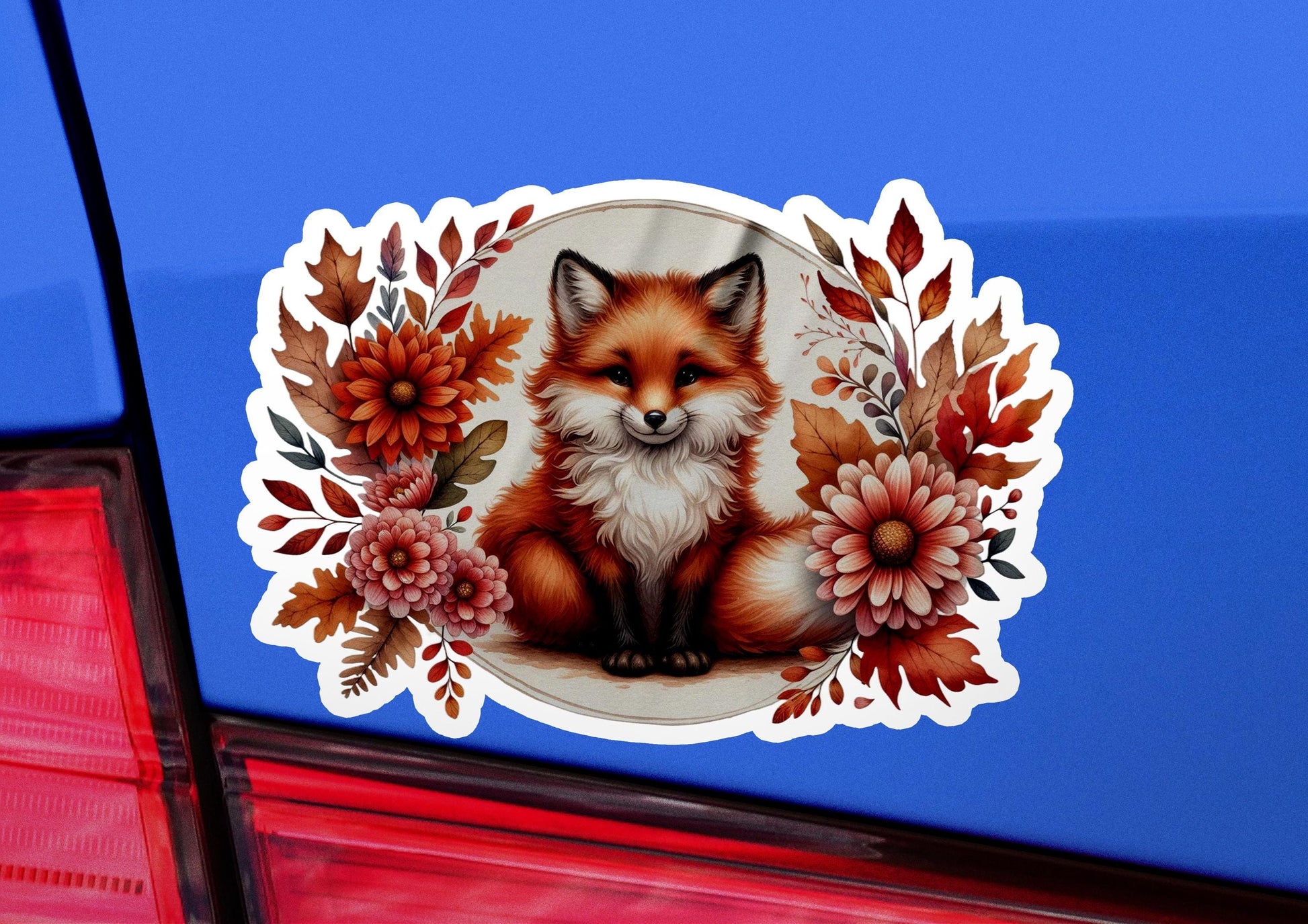 a sticker of a fox with flowers on it