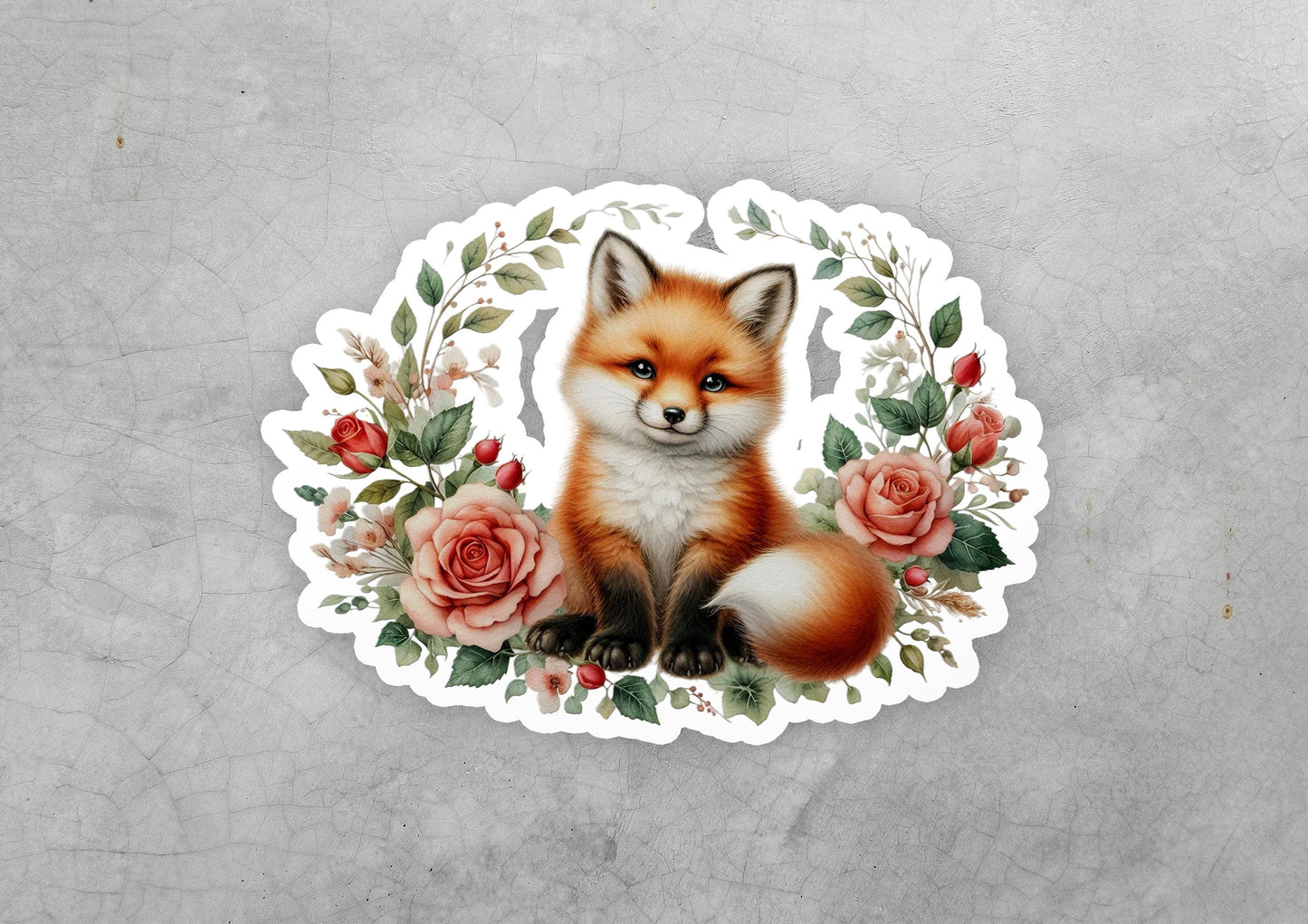 a sticker of a fox surrounded by roses