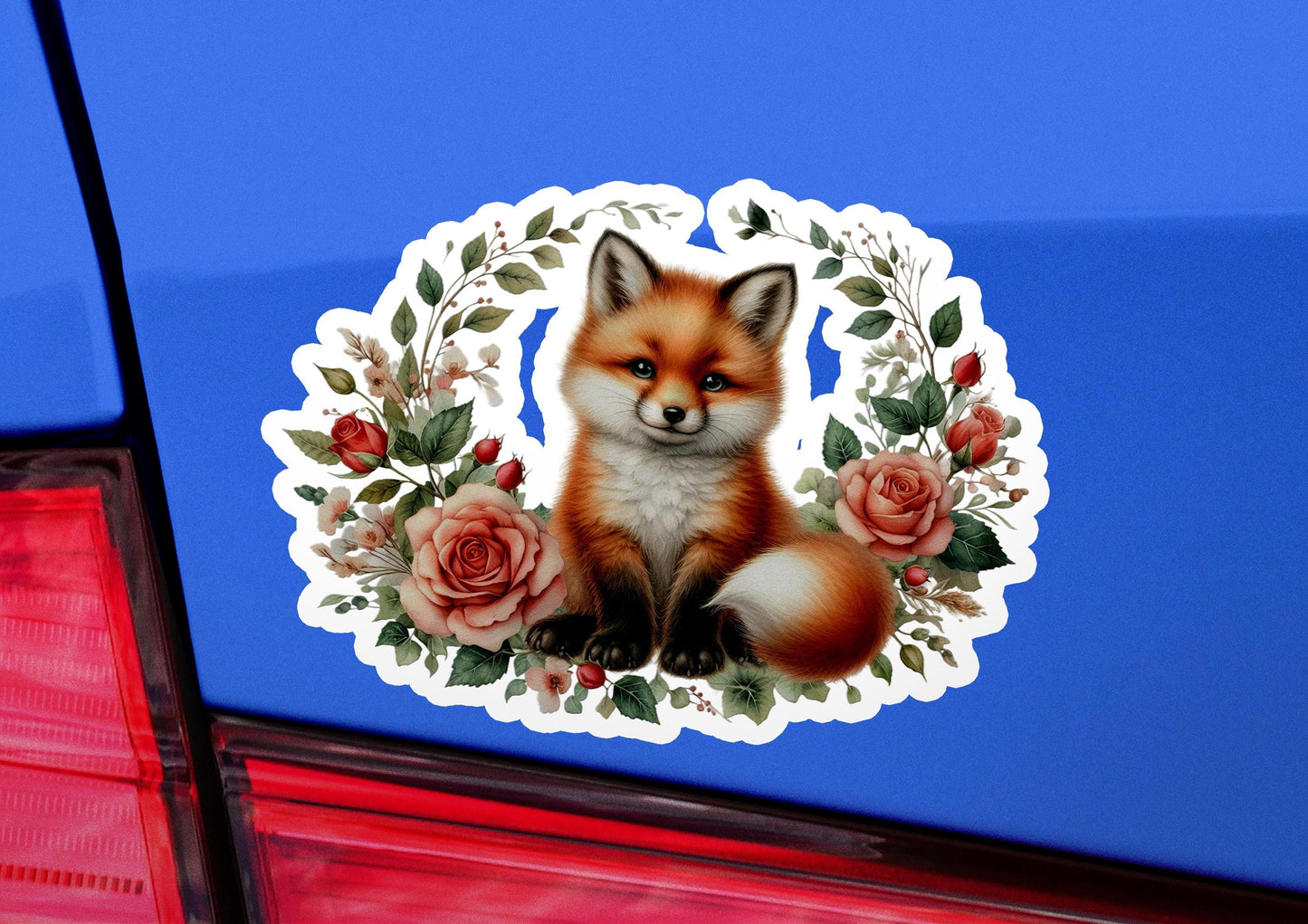 a sticker of a fox with roses on it