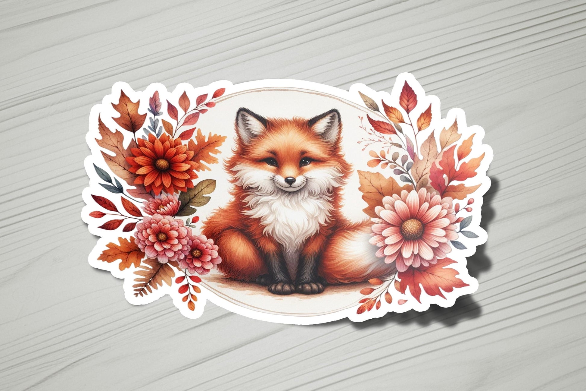 a sticker with a picture of a fox surrounded by flowers
