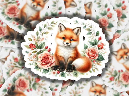 a picture of a fox surrounded by roses