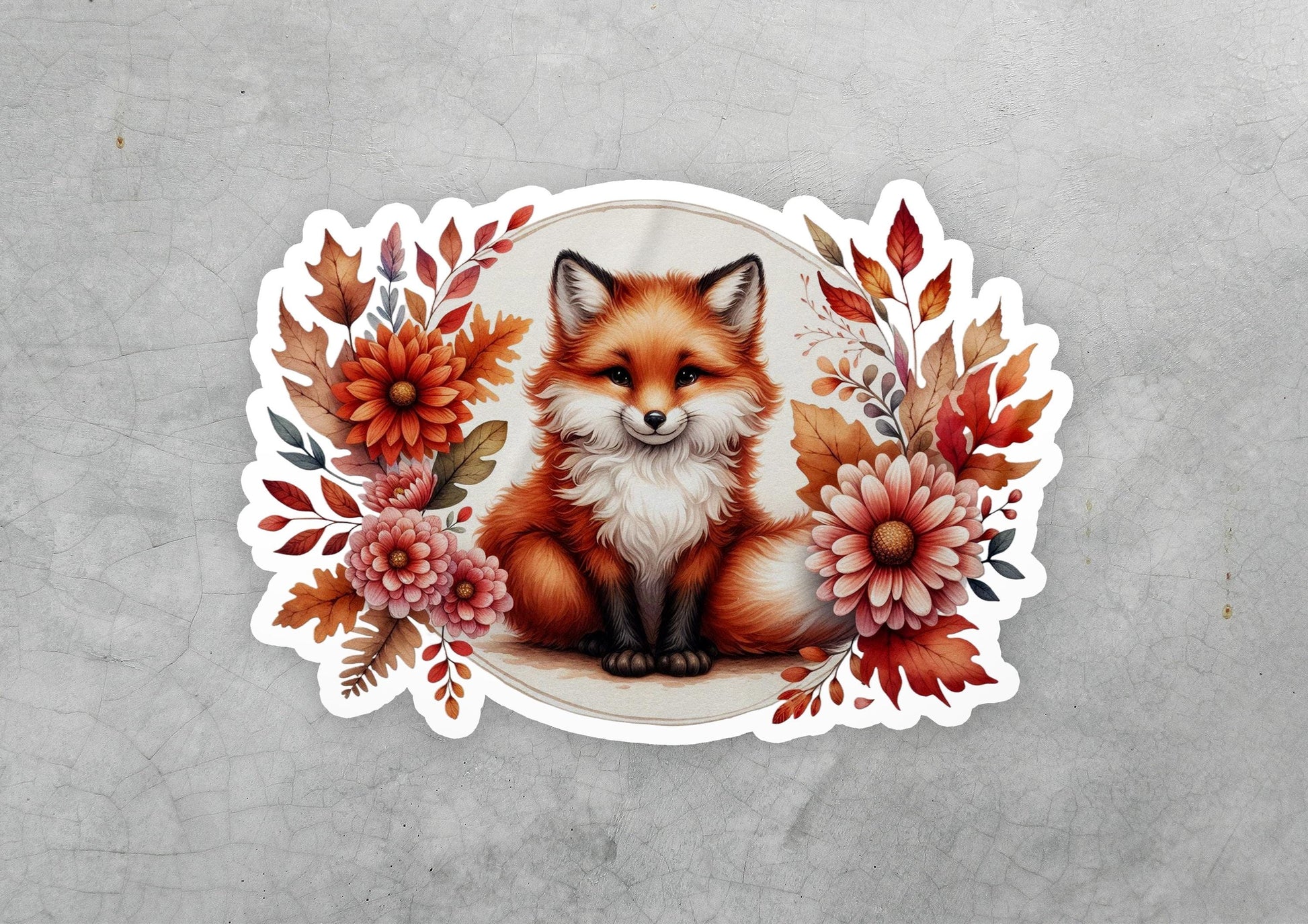 a sticker with a picture of a fox surrounded by flowers