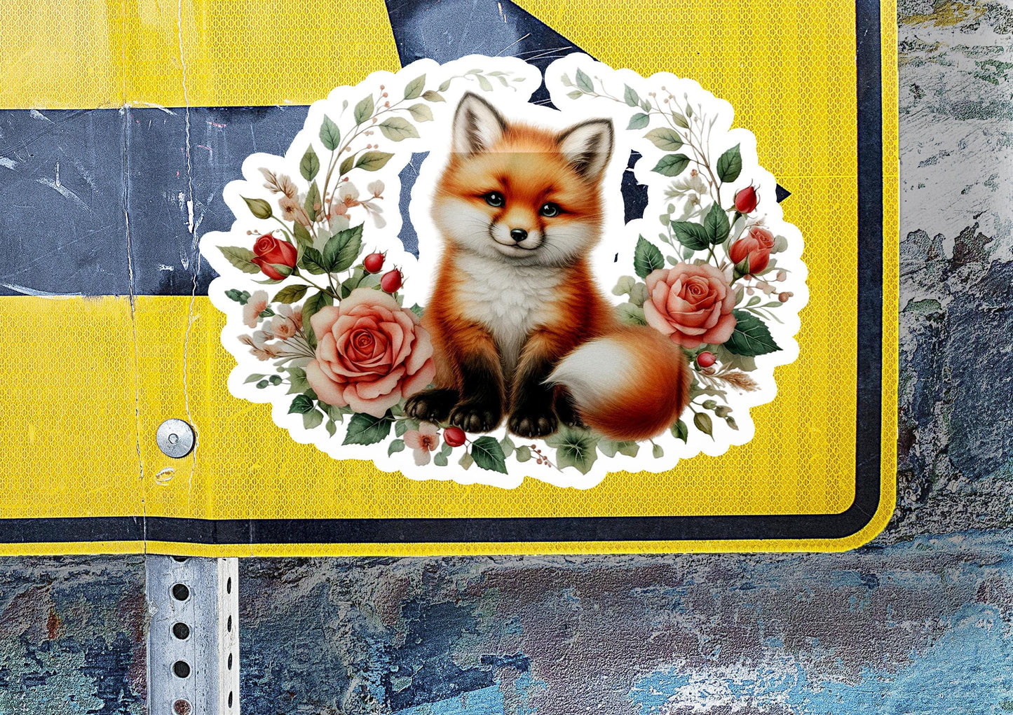 a close up of a street sign with a picture of a fox